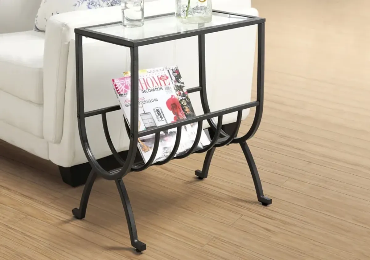 Accent Table, Side, End, Magazine, Nightstand, Narrow, Living Room, Bedroom, Metal, Tempered Glass, Black, Clear, Transitional