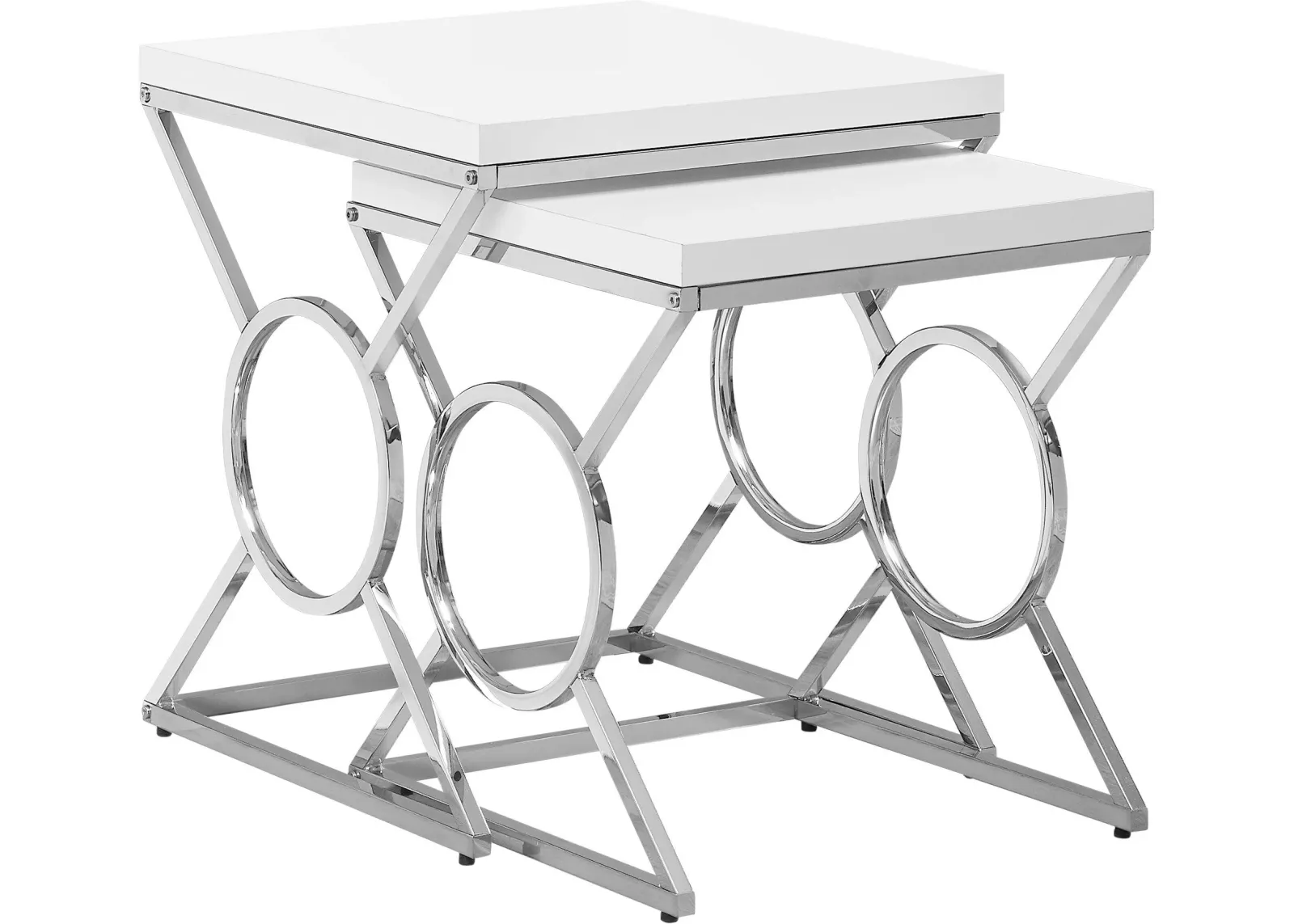 Nesting Table, Set Of 2, Side, End, Accent, Living Room, Bedroom, Metal, Laminate, Glossy White, Chrome, Contemporary, Modern