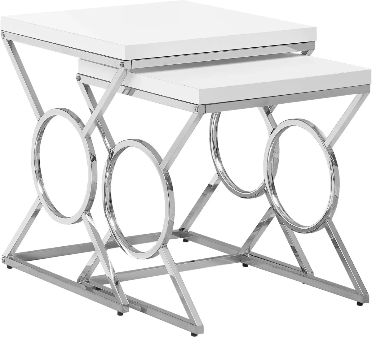 Nesting Table, Set Of 2, Side, End, Accent, Living Room, Bedroom, Metal, Laminate, Glossy White, Chrome, Contemporary, Modern