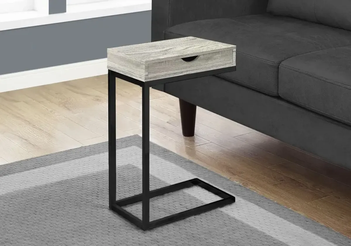Accent Table, C-Shaped, End, Side, Snack, Storage Drawer, Living Room, Bedroom, Metal, Laminate, Grey, Black, Contemporary, Modern
