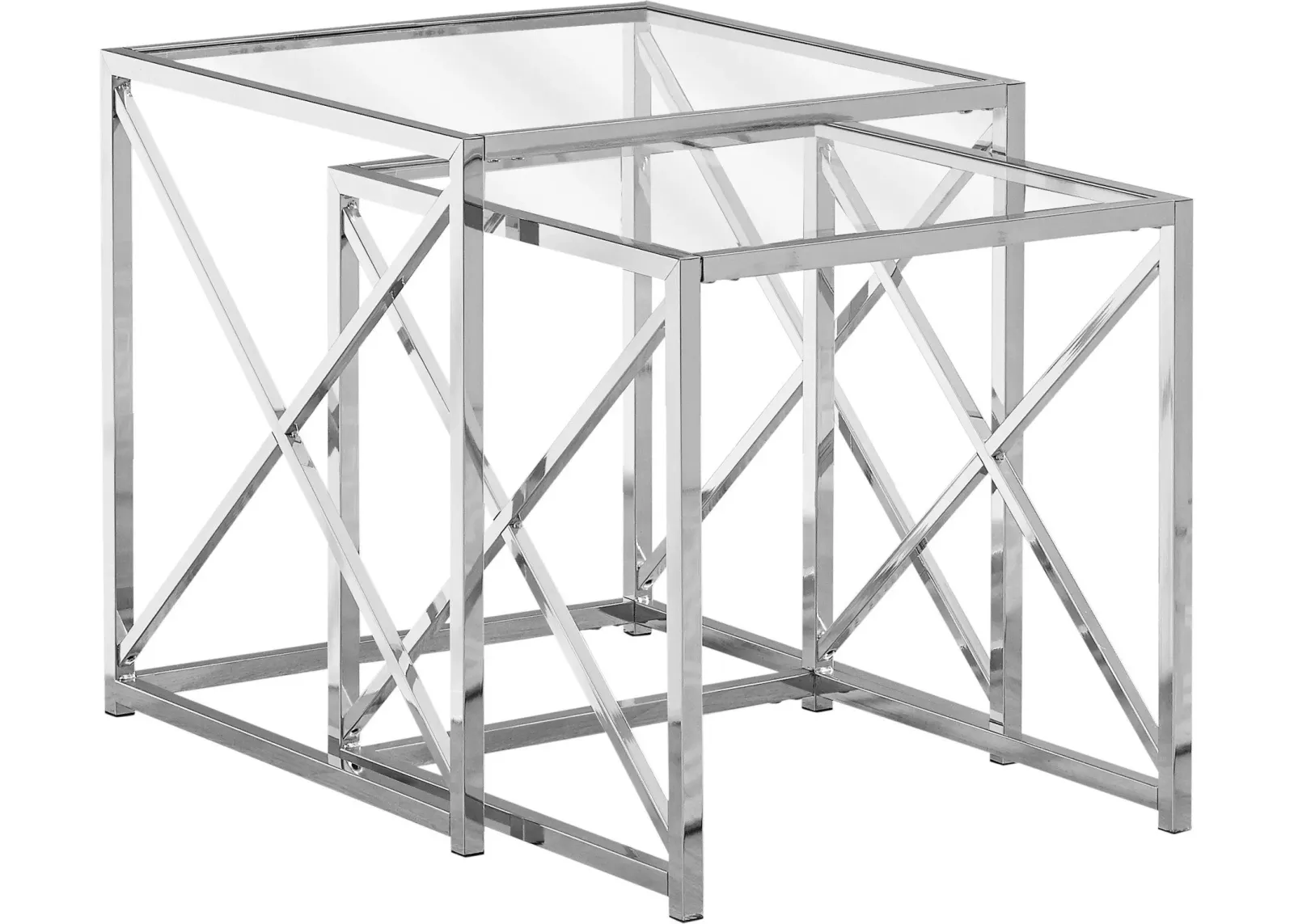 Nesting Table, Set Of 2, Side, End, Accent, Living Room, Bedroom, Metal, Tempered Glass, Chrome, Clear, Contemporary, Modern