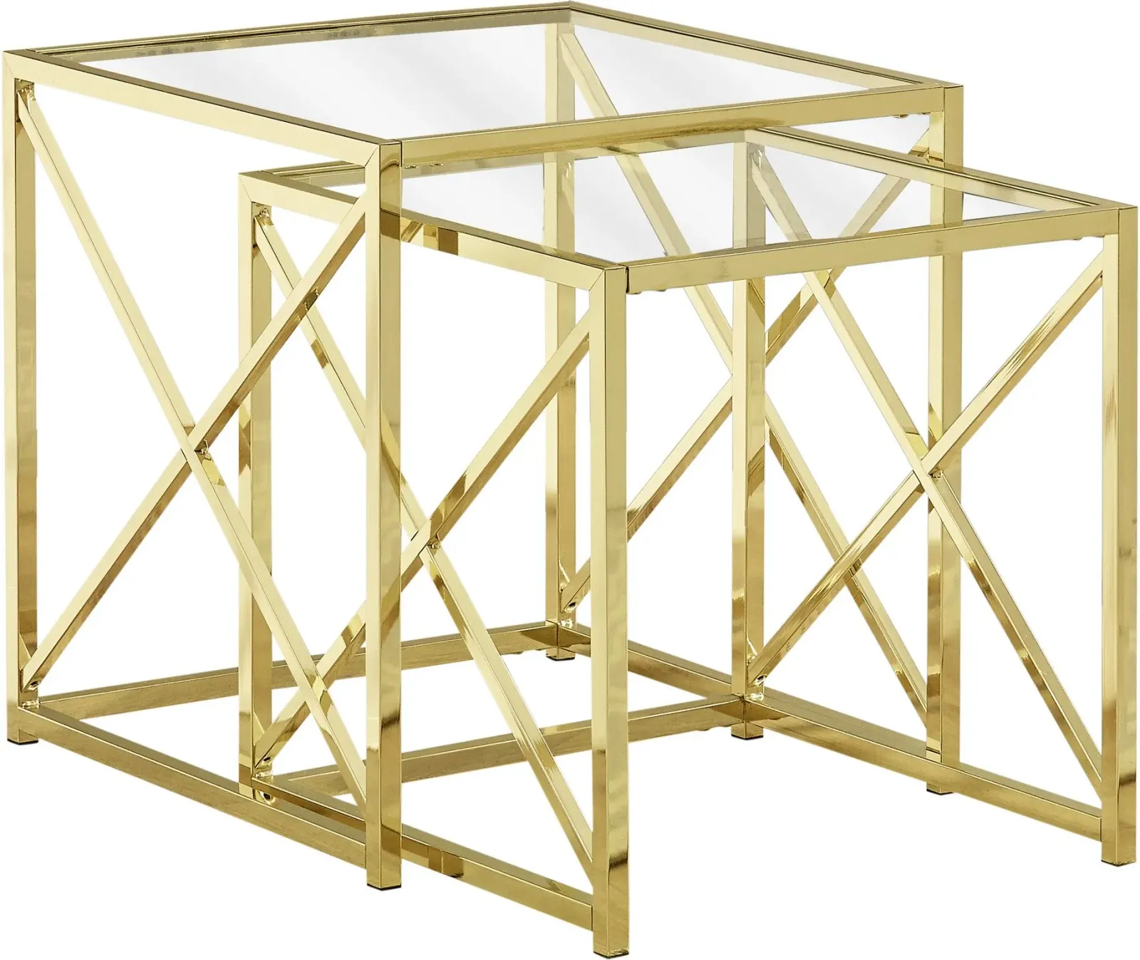 Nesting Table, Set Of 2, Side, End, Accent, Living Room, Bedroom, Metal, Tempered Glass, Gold, Clear, Contemporary, Modern