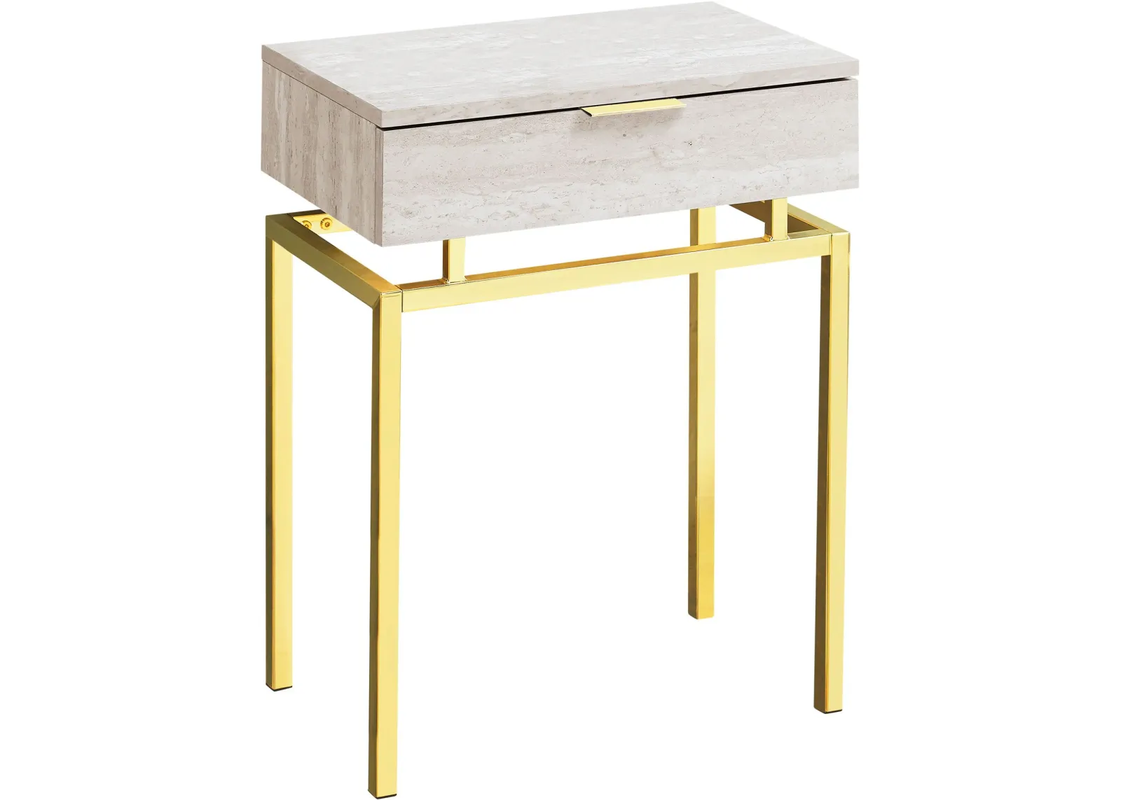 Accent Table, Side, End, Nightstand, Lamp, Storage Drawer, Living Room, Bedroom, Metal, Laminate, Beige Marble Look, Gold, Contemporary, Modern