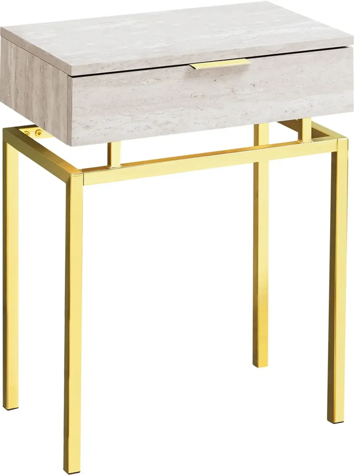 Accent Table, Side, End, Nightstand, Lamp, Storage Drawer, Living Room, Bedroom, Metal, Laminate, Beige Marble Look, Gold, Contemporary, Modern