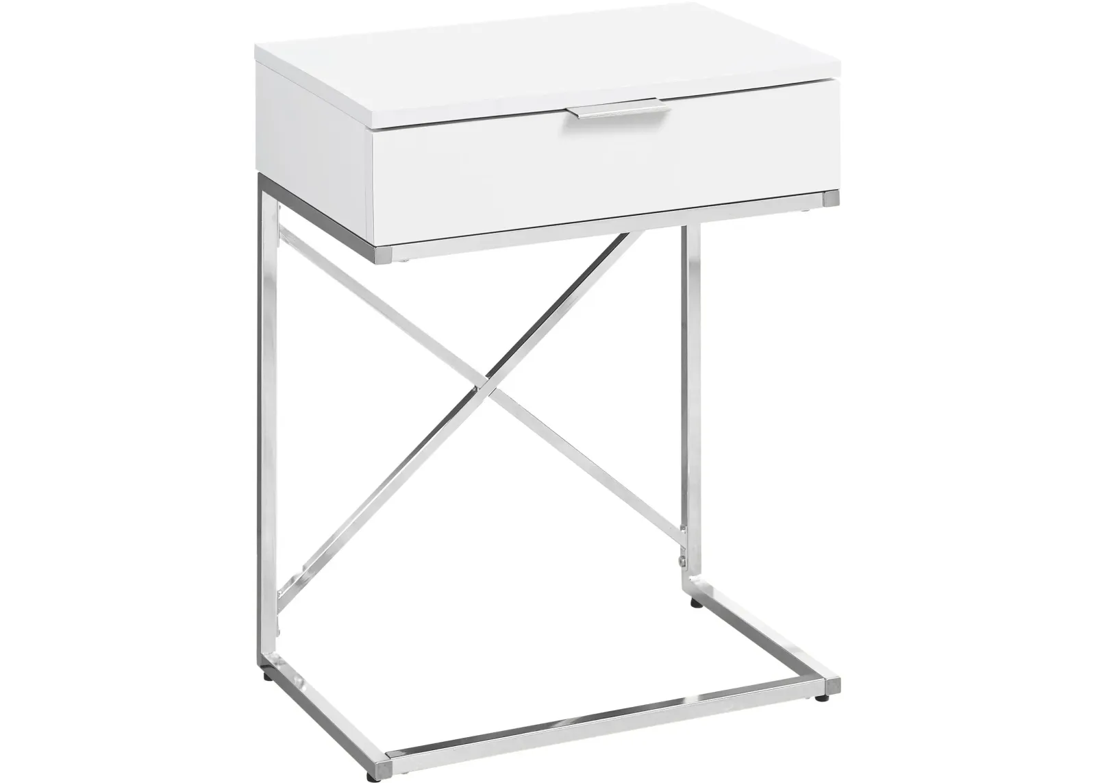 Accent Table, Side, End, Nightstand, Lamp, Storage Drawer, Living Room, Bedroom, Metal, Laminate, Glossy White, Chrome, Contemporary, Modern