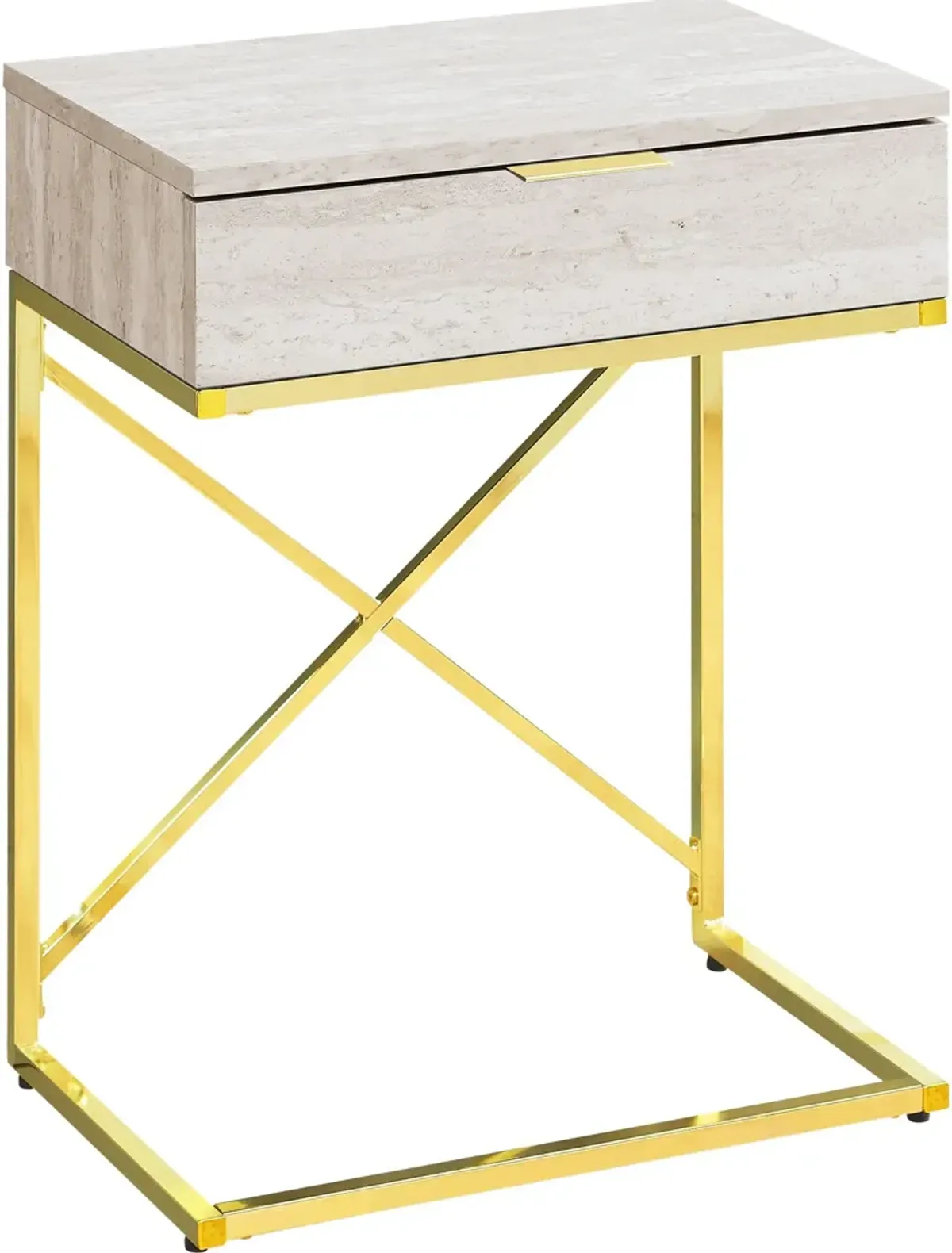 Accent Table, Side, End, Nightstand, Lamp, Storage Drawer, Living Room, Bedroom, Metal, Laminate, Beige Marble Look, Gold, Contemporary, Modern