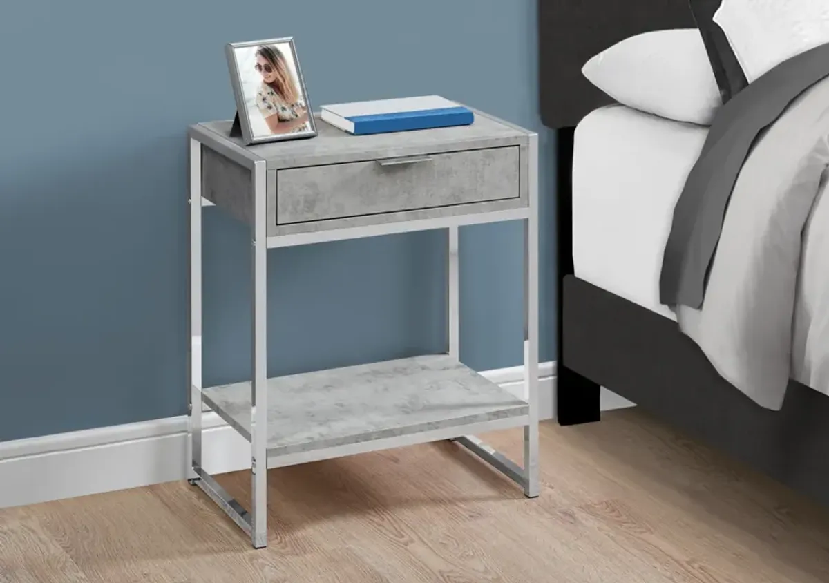 Accent Table, Side, End, Nightstand, Lamp, Storage Drawer, Living Room, Bedroom, Metal, Laminate, Grey, Chrome, Contemporary, Modern