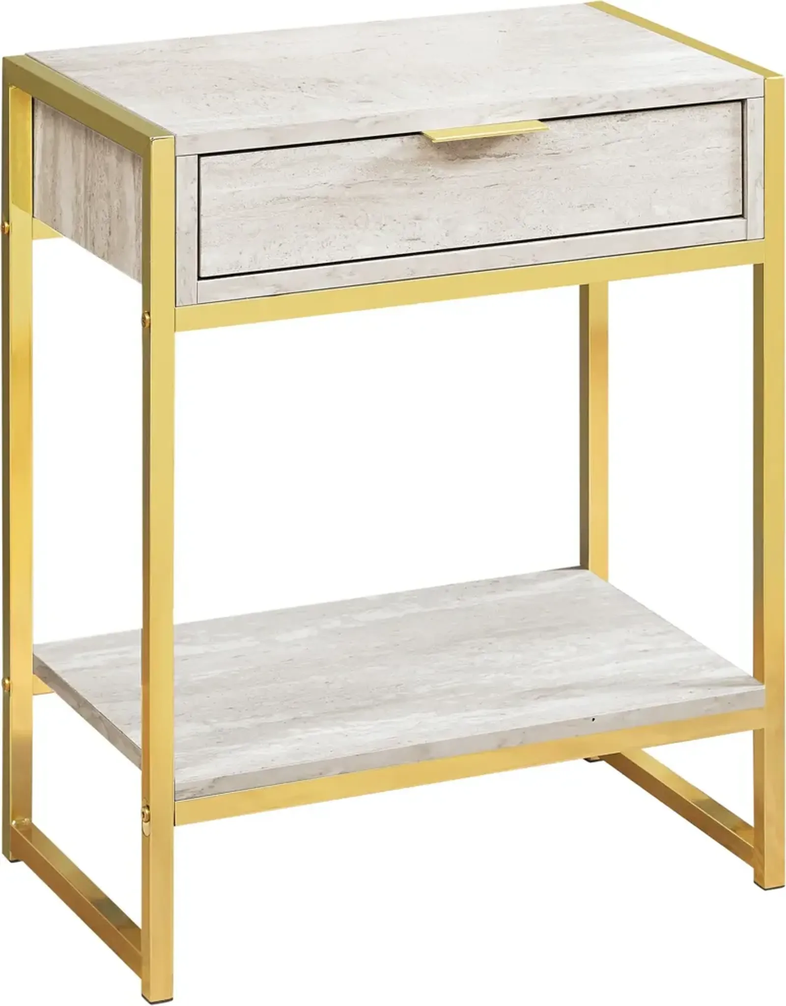 Accent Table, Side, End, Nightstand, Lamp, Storage Drawer, Living Room, Bedroom, Metal, Laminate, Beige Marble Look, Gold, Contemporary, Modern