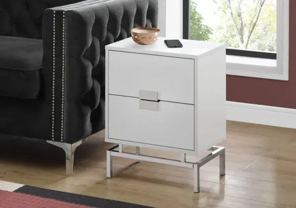 Accent Table, Side, End, Nightstand, Lamp, Storage Drawer, Living Room, Bedroom, Metal, Laminate, Glossy White, Chrome, Contemporary, Modern