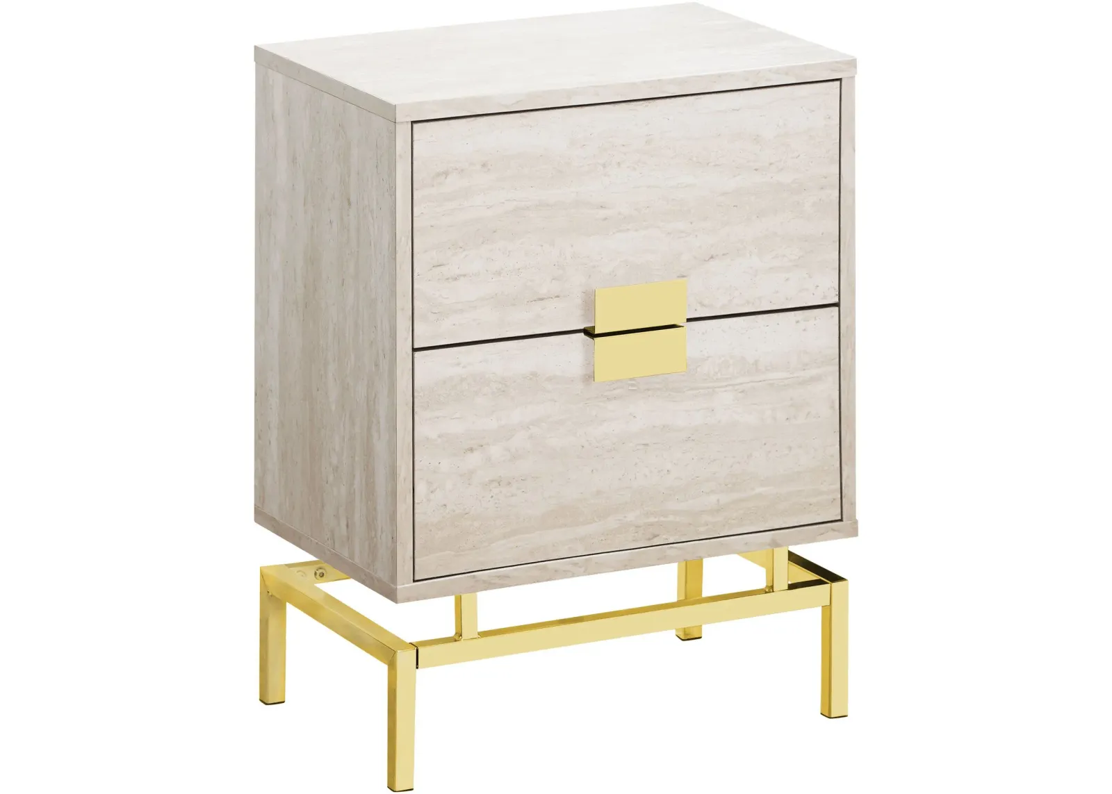 Accent Table, Side, End, Nightstand, Lamp, Storage Drawer, Living Room, Bedroom, Metal, Laminate, Beige Marble Look, Gold, Contemporary, Modern