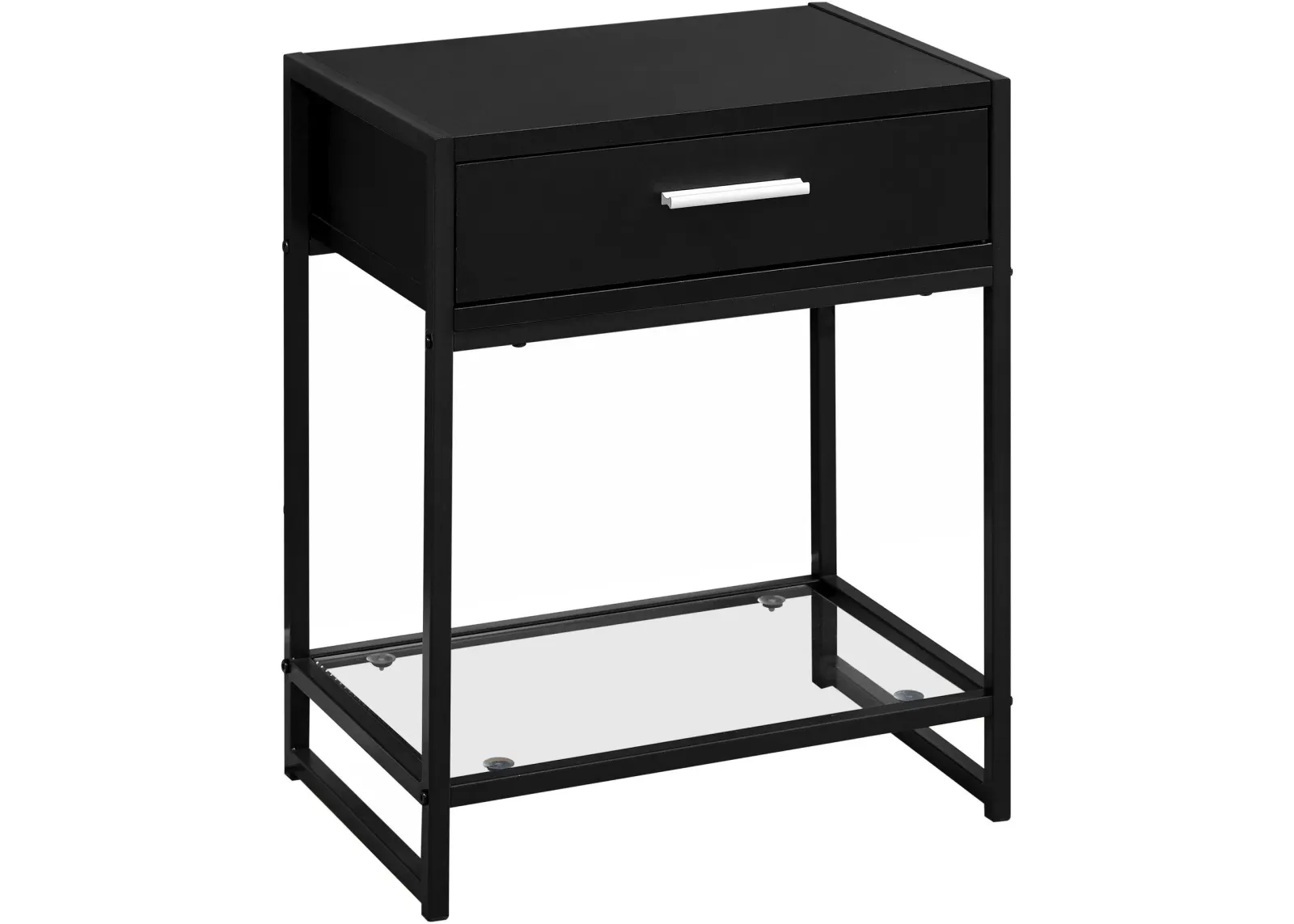 Accent Table, Side, End, Nightstand, Lamp, Storage Drawer, Living Room, Bedroom, Metal, Laminate, Tempered Glass, Black, Clear, Contemporary, Modern