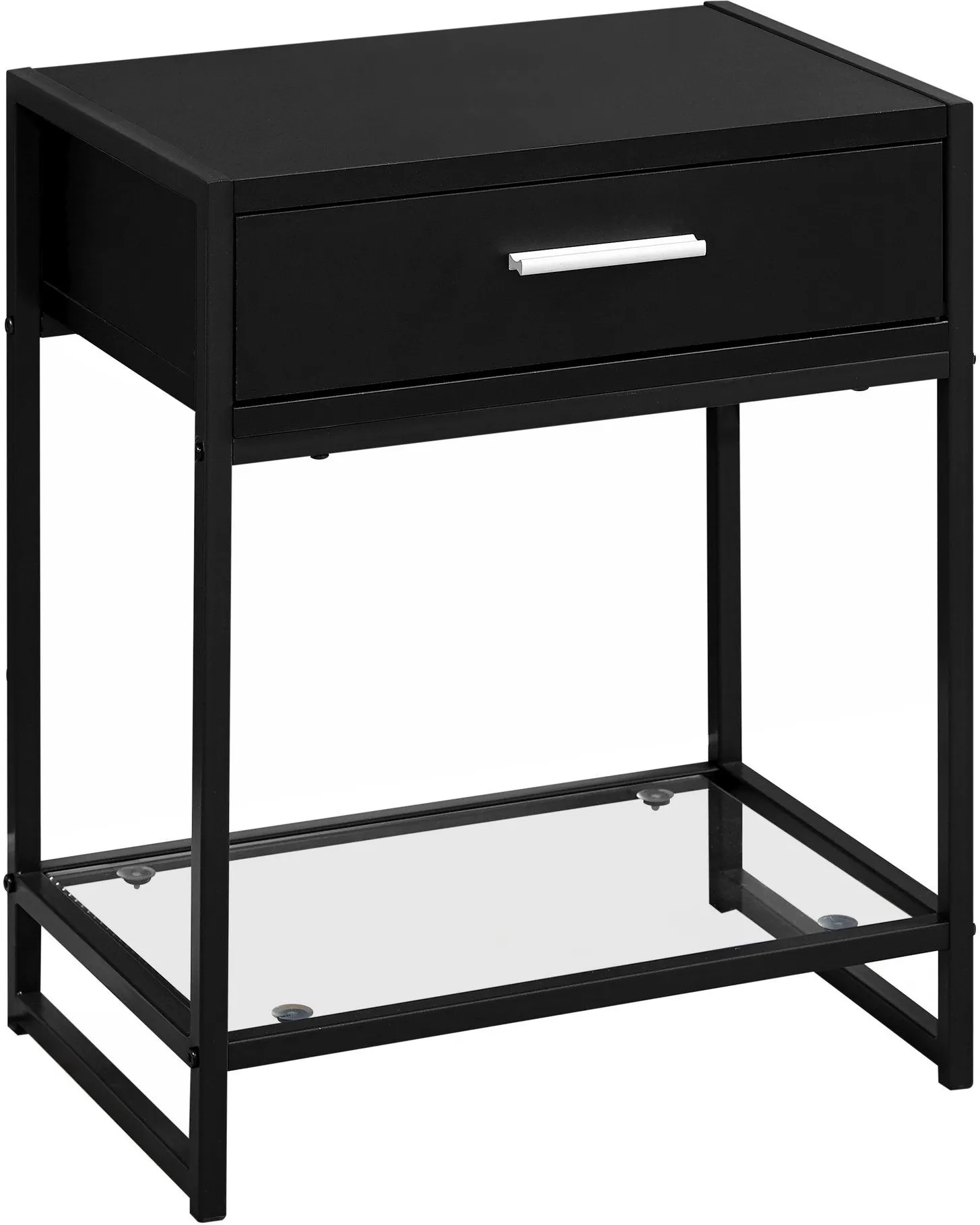 Accent Table, Side, End, Nightstand, Lamp, Storage Drawer, Living Room, Bedroom, Metal, Laminate, Tempered Glass, Black, Clear, Contemporary, Modern
