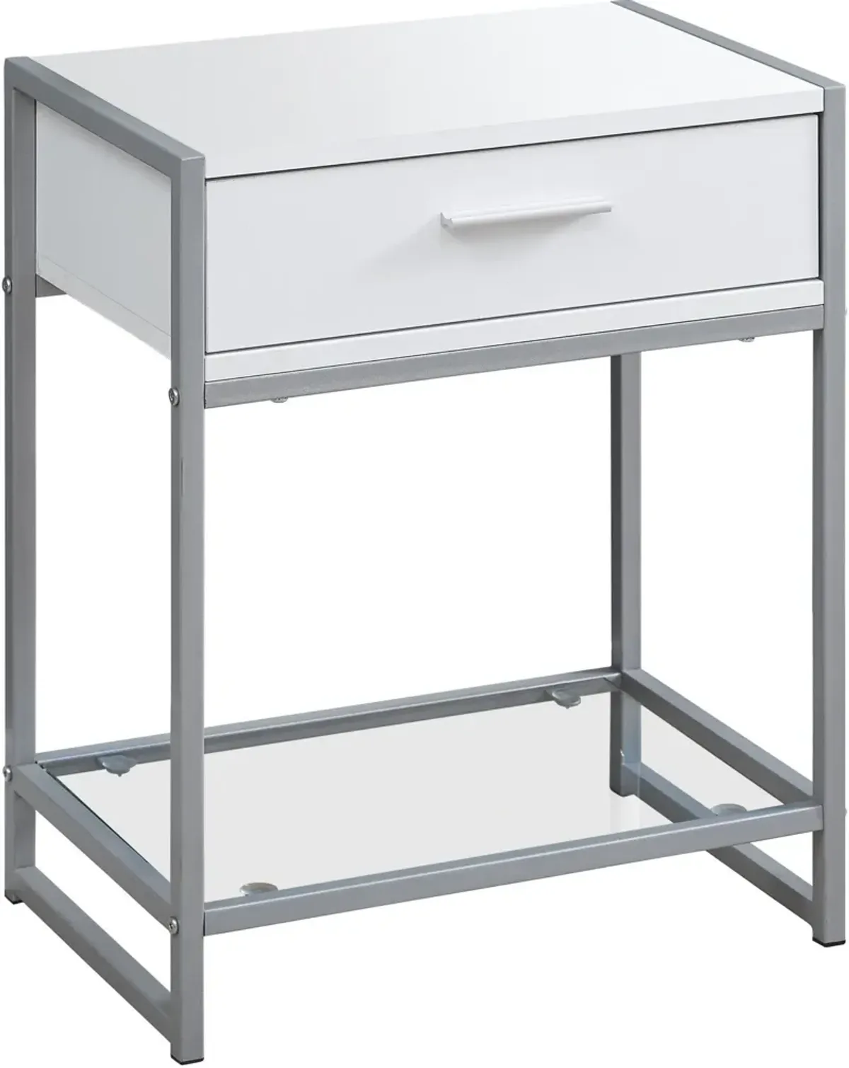 Accent Table, Side, End, Nightstand, Lamp, Storage Drawer, Living Room, Bedroom, Metal, Laminate, Tempered Glass, White, Grey, Contemporary, Modern