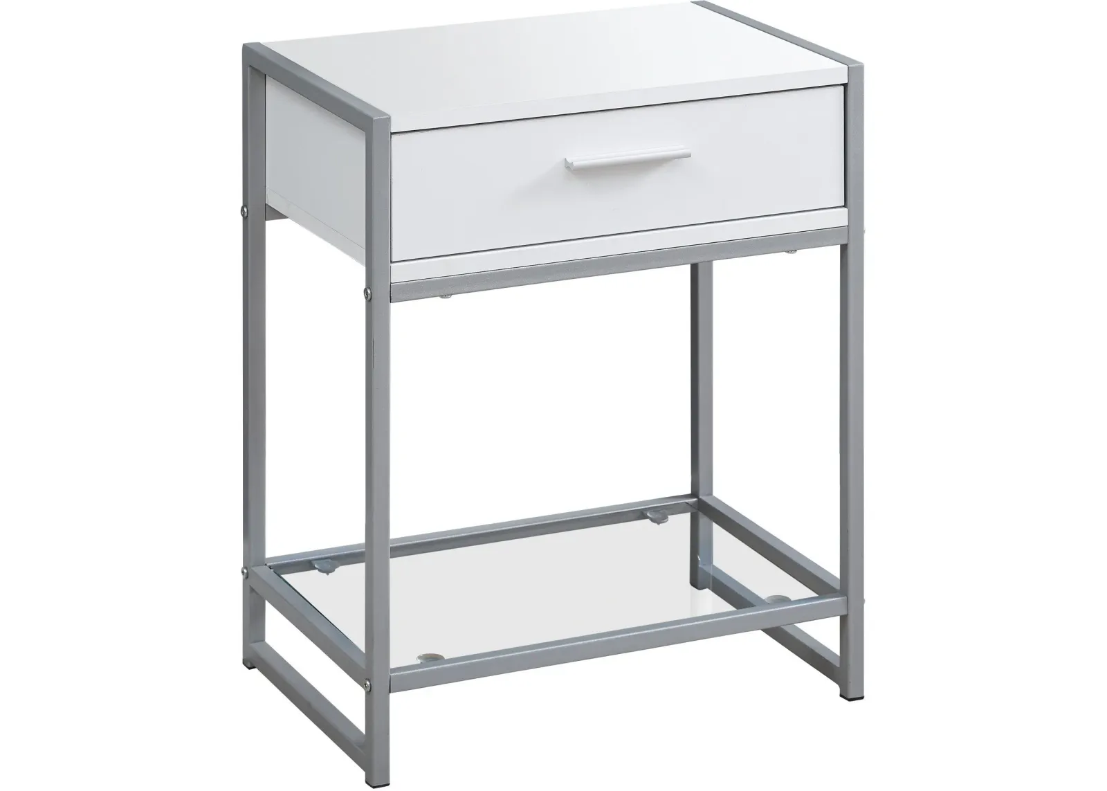 Accent Table, Side, End, Nightstand, Lamp, Storage Drawer, Living Room, Bedroom, Metal, Laminate, Tempered Glass, White, Grey, Contemporary, Modern