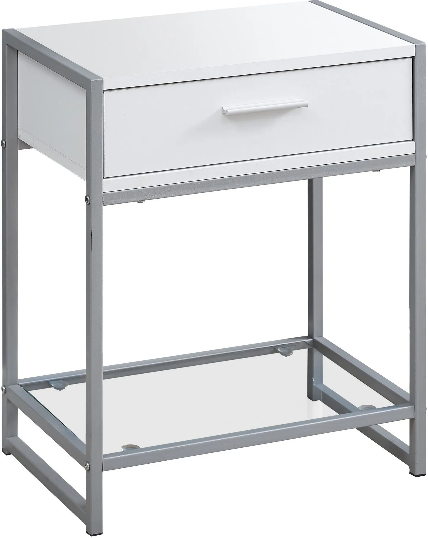 Accent Table, Side, End, Nightstand, Lamp, Storage Drawer, Living Room, Bedroom, Metal, Laminate, Tempered Glass, White, Grey, Contemporary, Modern