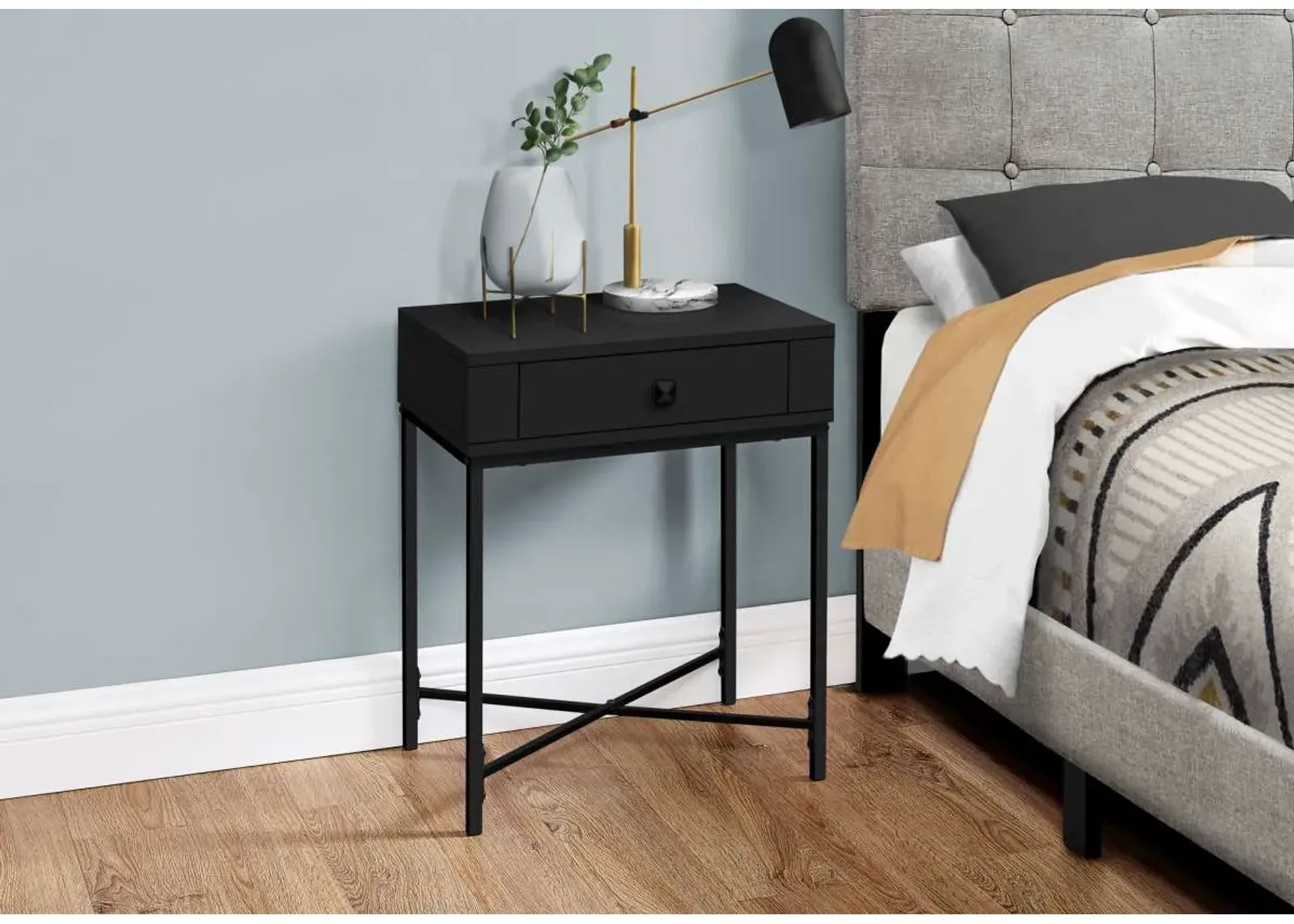 Accent Table, Side, End, Nightstand, Lamp, Storage Drawer, Living Room, Bedroom, Metal, Laminate, Black, Contemporary, Modern