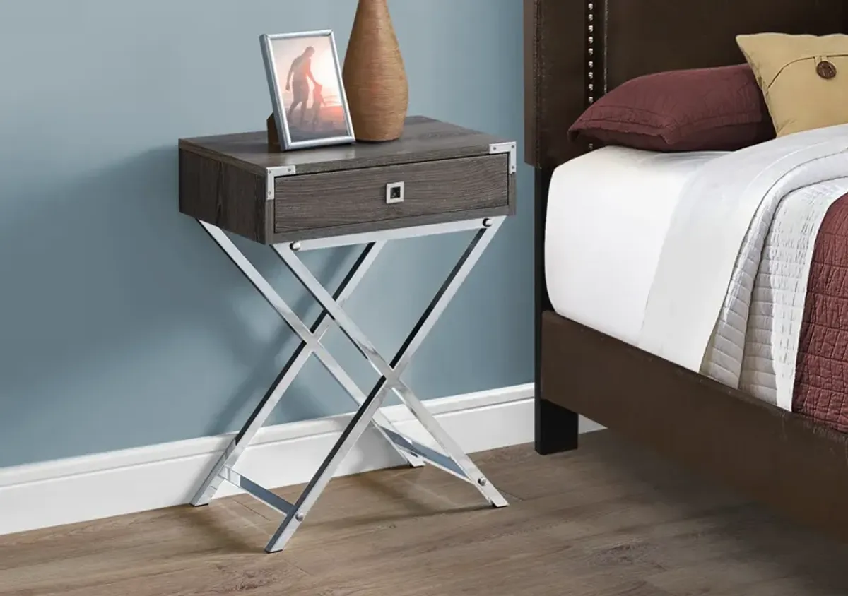 Accent Table, Side, End, Nightstand, Lamp, Storage Drawer, Living Room, Bedroom, Metal, Laminate, Brown, Chrome, Contemporary, Modern