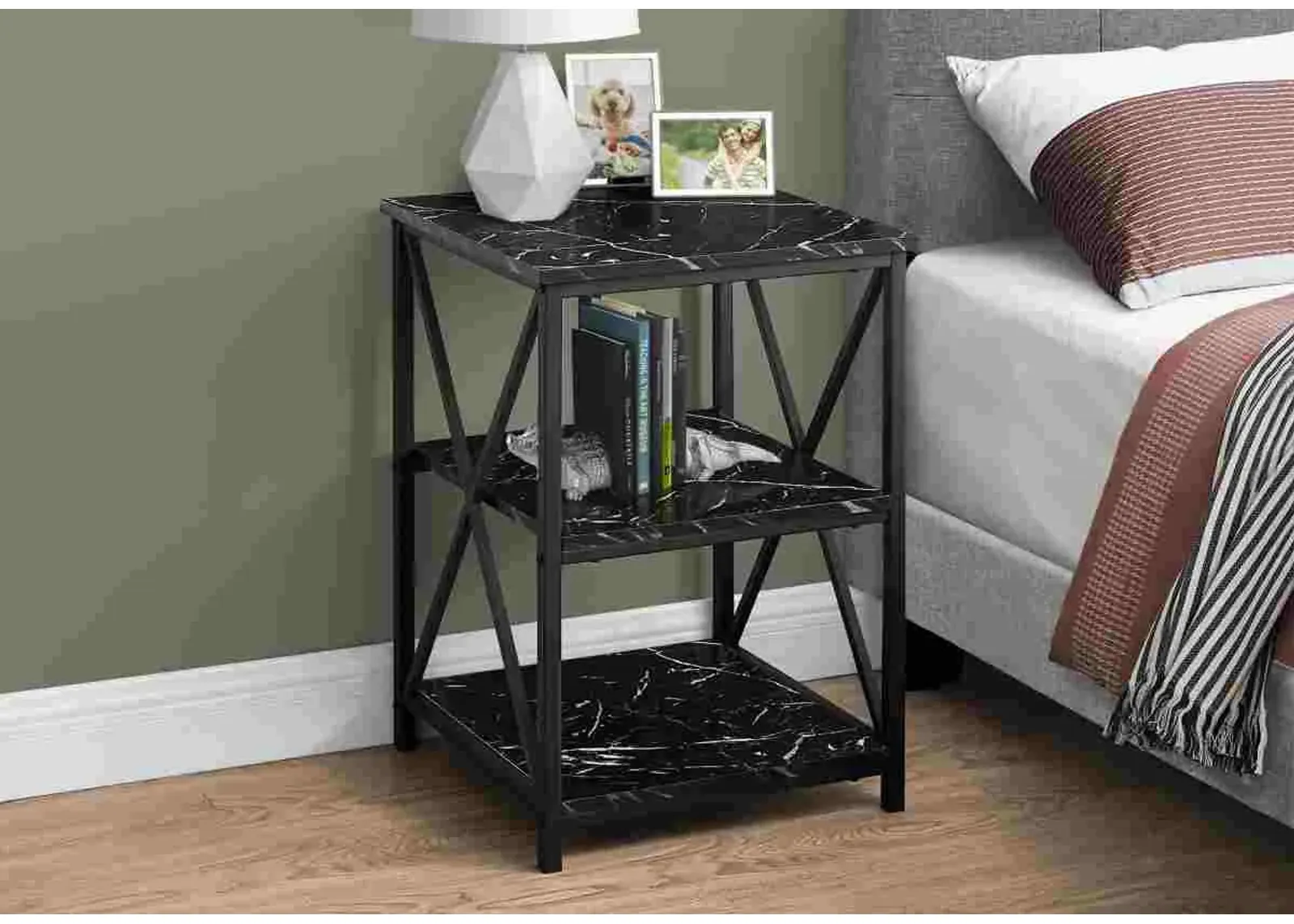 Accent Table, Side, End, Nightstand, Lamp, Living Room, Bedroom, Metal, Laminate, Black Marble Look, Contemporary, Modern