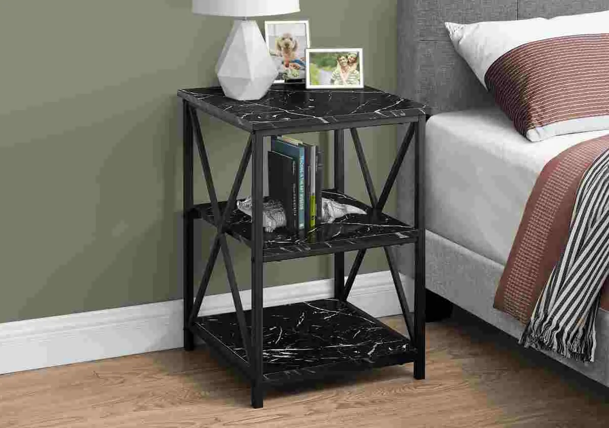 Accent Table, Side, End, Nightstand, Lamp, Living Room, Bedroom, Metal, Laminate, Black Marble Look, Contemporary, Modern