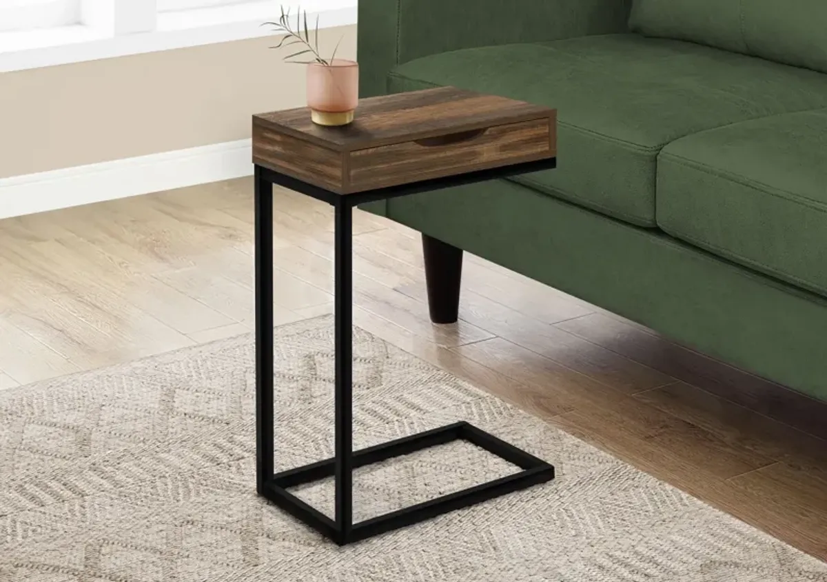 Accent Table, C-Shaped, End, Side, Snack, Storage Drawer, Living Room, Bedroom, Metal, Laminate, Brown, Black, Contemporary, Modern