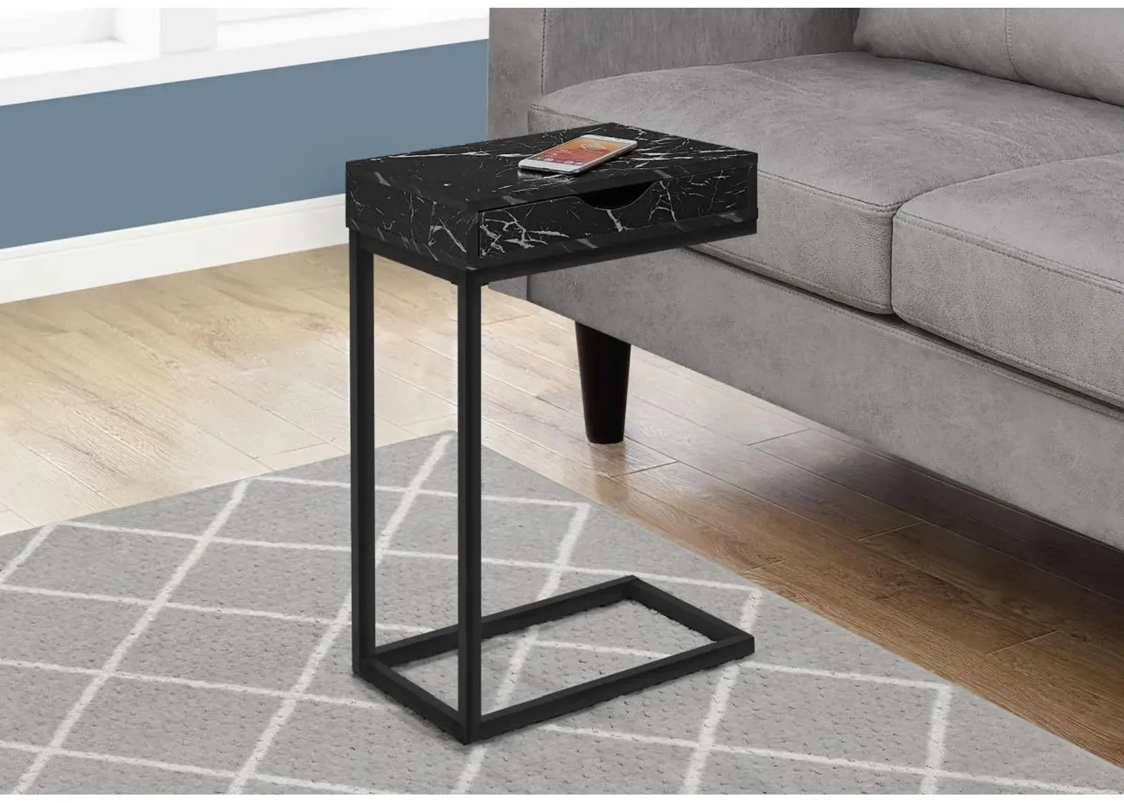 Accent Table, C-Shaped, End, Side, Snack, Storage Drawer, Living Room, Bedroom, Metal, Laminate, Black Marble Look, Contemporary, Modern