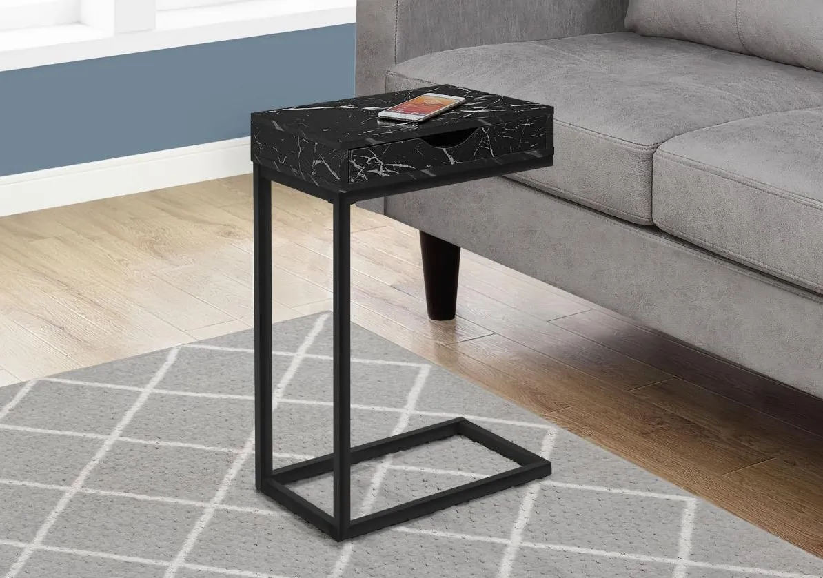Accent Table, C-Shaped, End, Side, Snack, Storage Drawer, Living Room, Bedroom, Metal, Laminate, Black Marble Look, Contemporary, Modern
