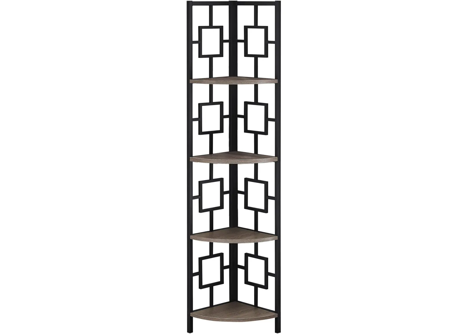 Bookshelf, Bookcase, Etagere, Corner, 4 Tier, 62"H, Office, Bedroom, Metal, Laminate, Brown, Black, Contemporary, Modern