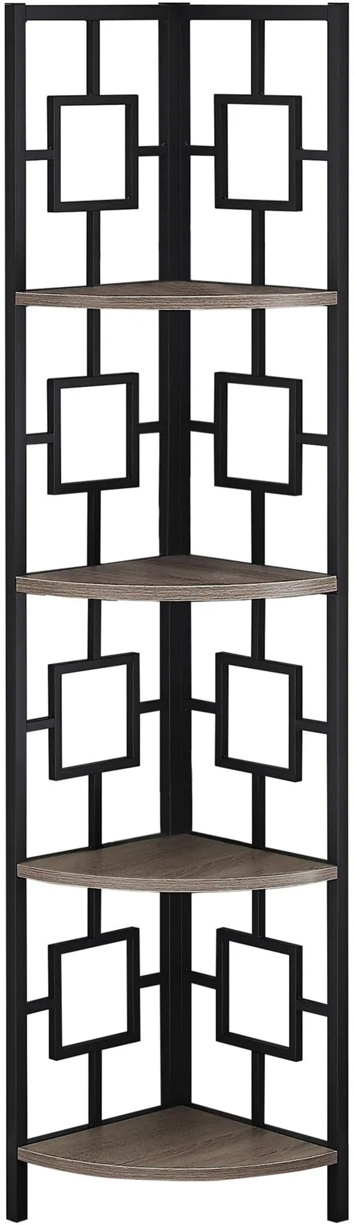 Bookshelf, Bookcase, Etagere, Corner, 4 Tier, 62"H, Office, Bedroom, Metal, Laminate, Brown, Black, Contemporary, Modern