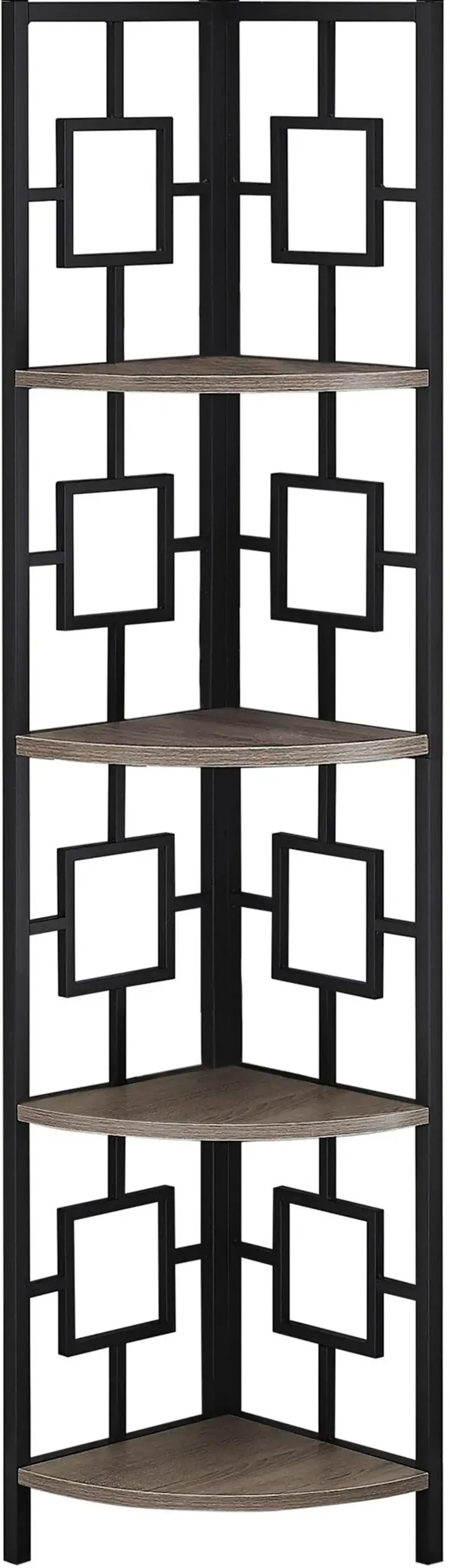 Bookshelf, Bookcase, Etagere, Corner, 4 Tier, 62"H, Office, Bedroom, Metal, Laminate, Brown, Black, Contemporary, Modern