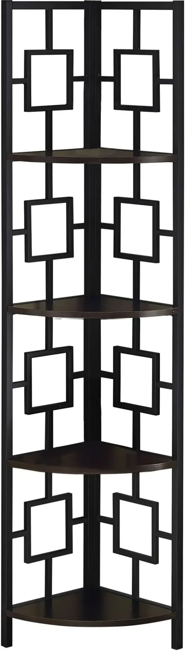 Bookshelf, Bookcase, Etagere, Corner, 4 Tier, 62"H, Office, Bedroom, Metal, Laminate, Brown, Black, Contemporary, Modern