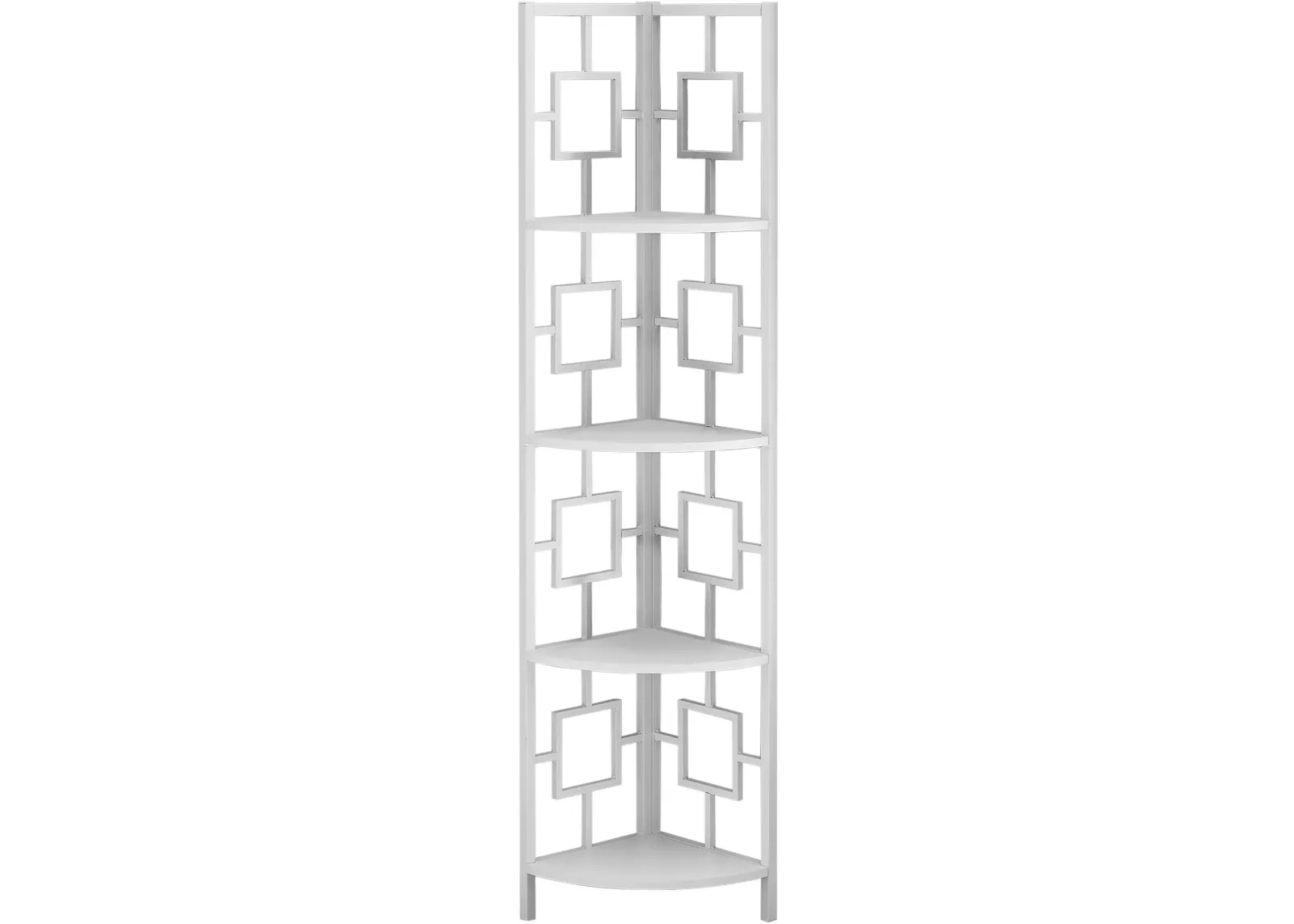 Bookshelf, Bookcase, Etagere, Corner, 4 Tier, 62"H, Office, Bedroom, Metal, Laminate, White, Contemporary, Modern