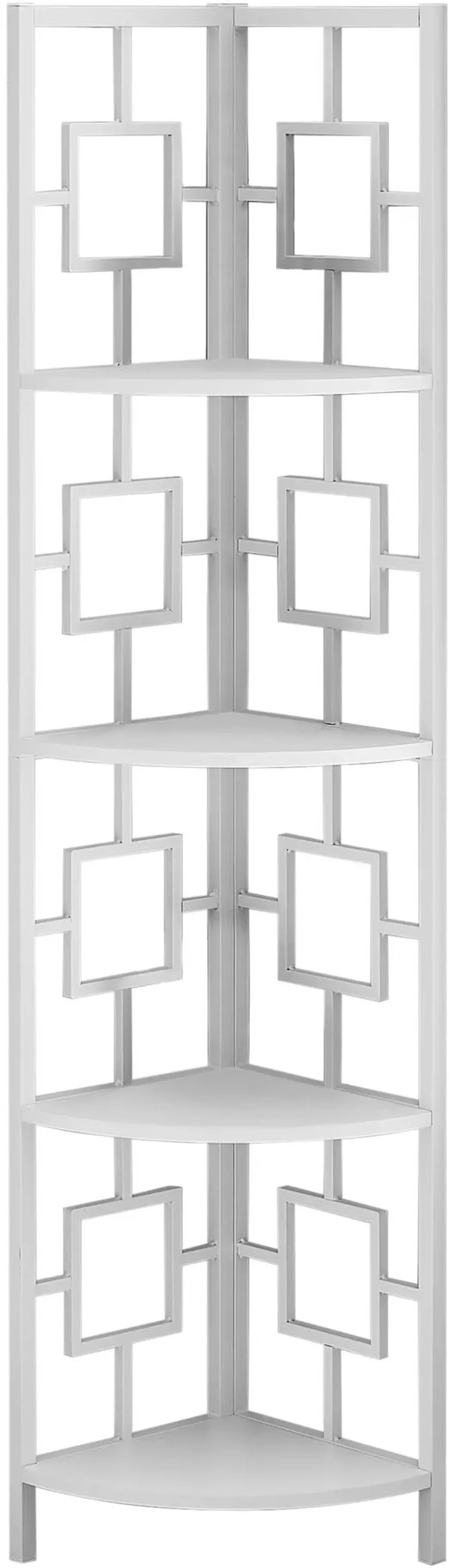 Bookshelf, Bookcase, Etagere, Corner, 4 Tier, 62"H, Office, Bedroom, Metal, Laminate, White, Contemporary, Modern