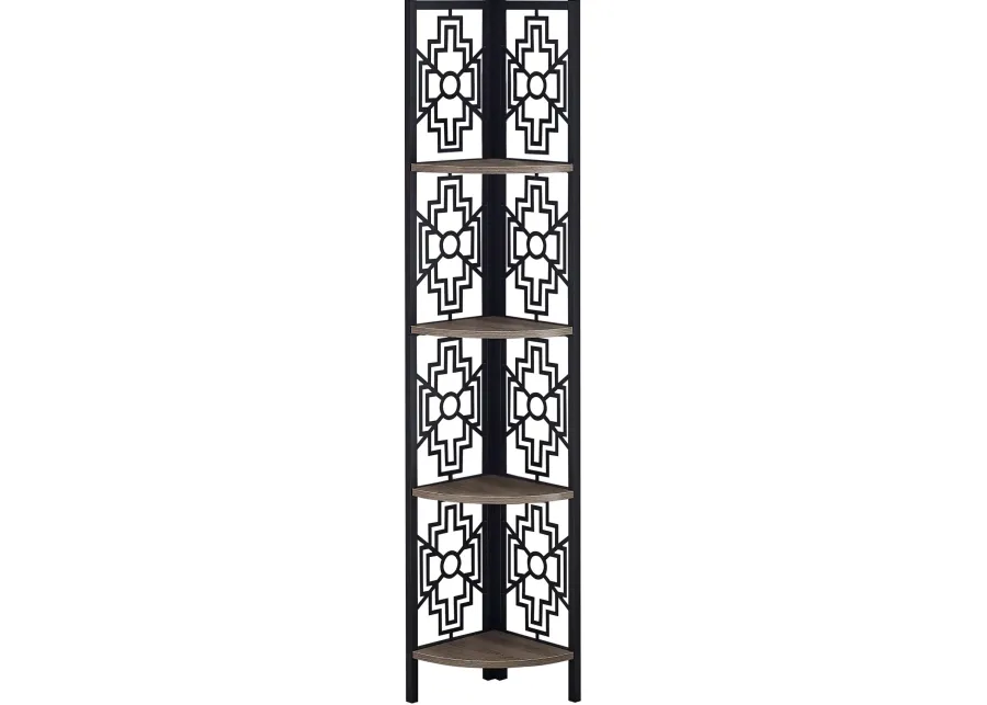 Bookshelf, Bookcase, Etagere, Corner, 4 Tier, 62"H, Office, Bedroom, Metal, Laminate, Brown, Black, Transitional