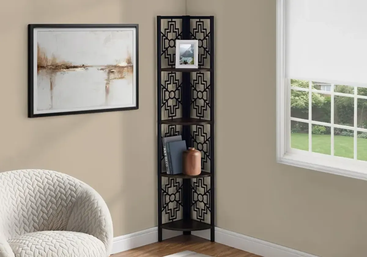 Bookshelf, Bookcase, Etagere, Corner, 4 Tier, 62"H, Office, Bedroom, Metal, Laminate, Brown, Black, Transitional
