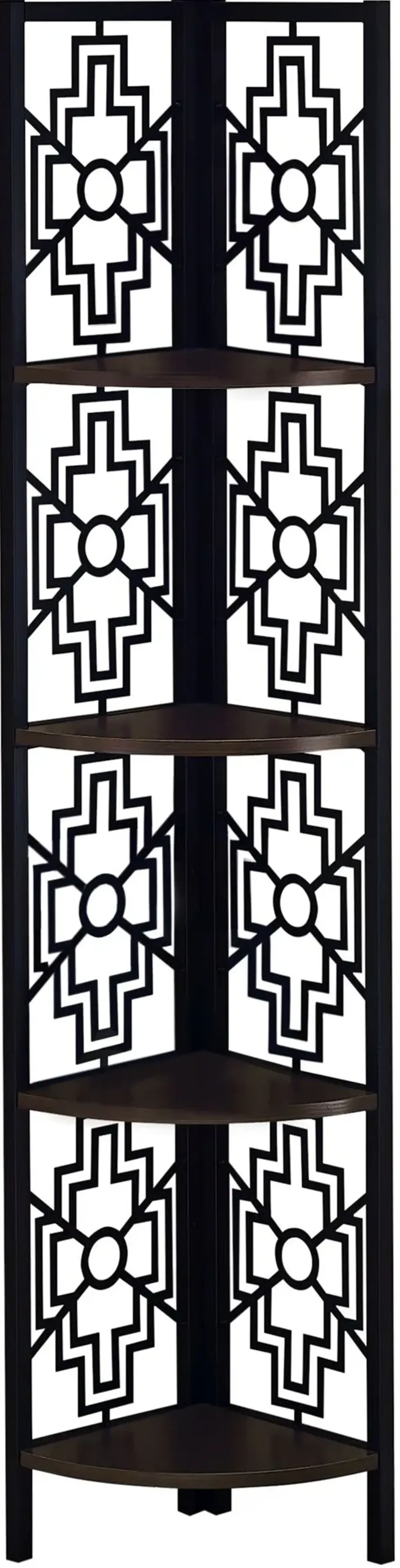 Bookshelf, Bookcase, Etagere, Corner, 4 Tier, 62"H, Office, Bedroom, Metal, Laminate, Brown, Black, Transitional