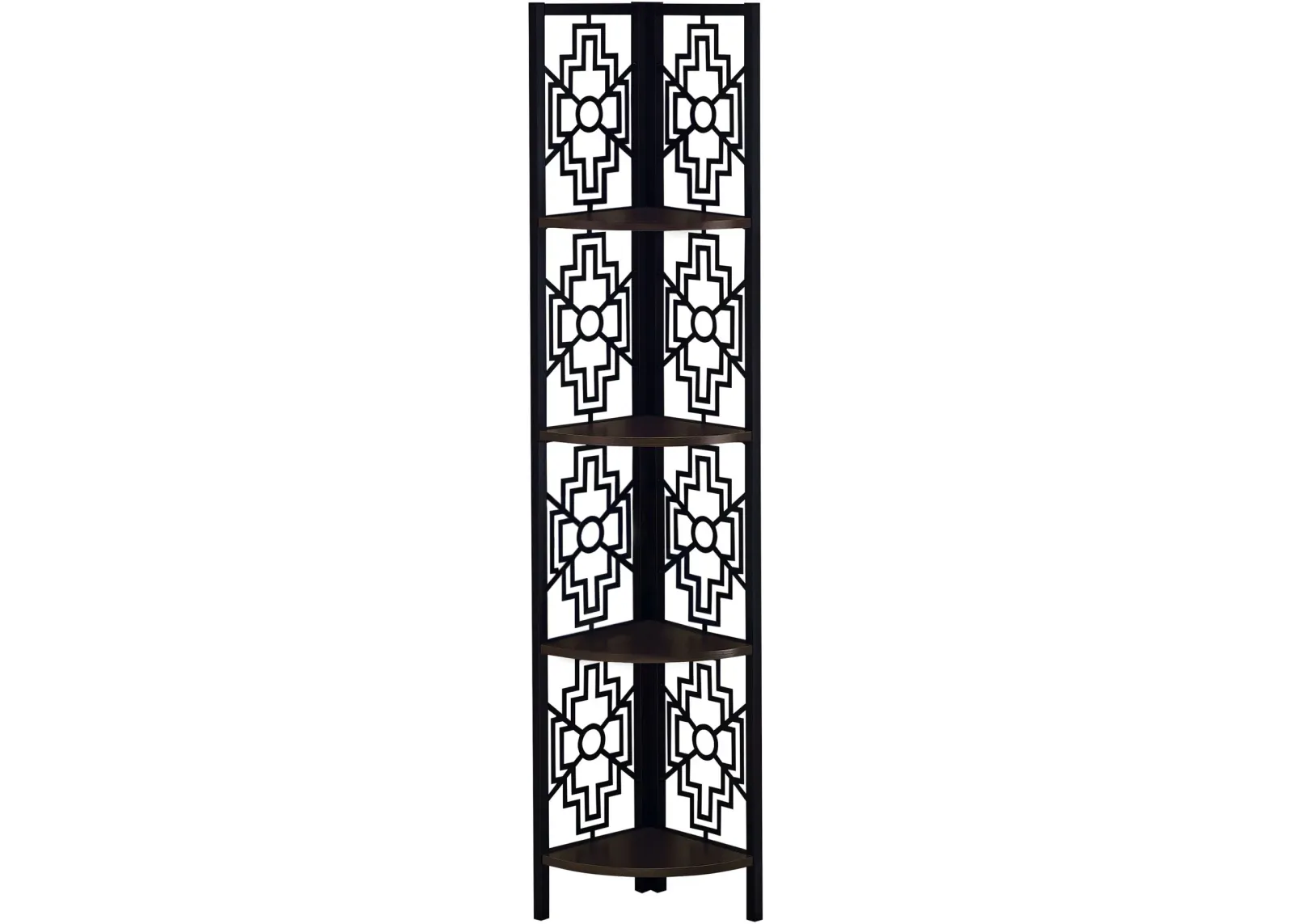 Bookshelf, Bookcase, Etagere, Corner, 4 Tier, 62"H, Office, Bedroom, Metal, Laminate, Brown, Black, Transitional