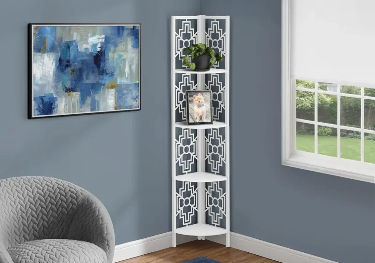 Bookshelf, Bookcase, Etagere, Corner, 4 Tier, 62"H, Office, Bedroom, Metal, Laminate, White, Transitional