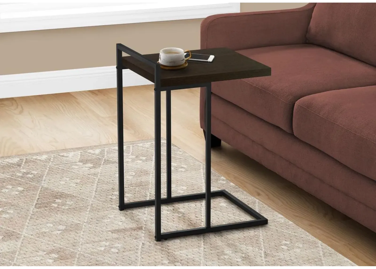 Accent Table, C-Shaped, End, Side, Snack, Living Room, Bedroom, Metal, Laminate, Brown, Black, Contemporary, Modern