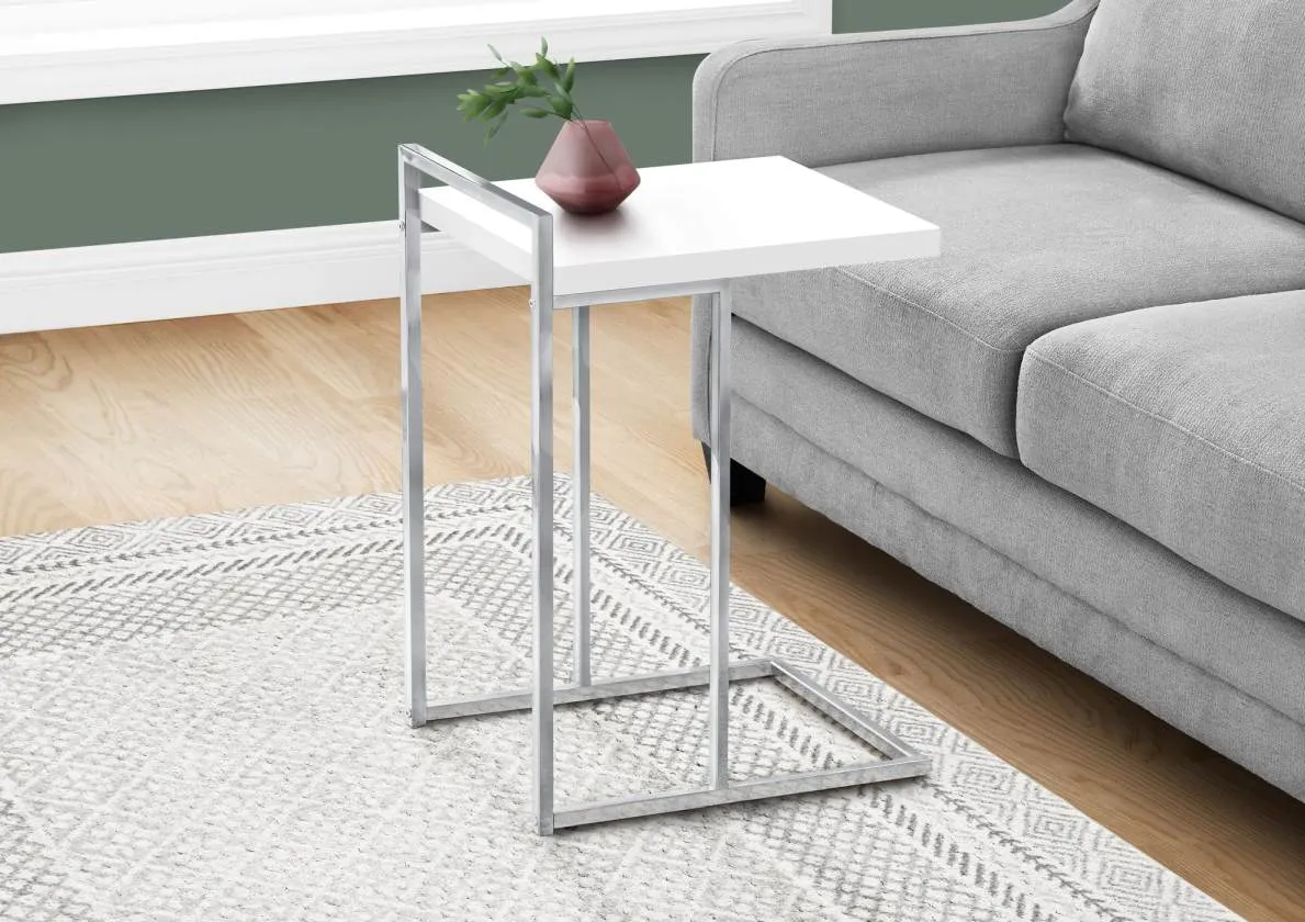Accent Table, C-Shaped, End, Side, Snack, Living Room, Bedroom, Metal, Laminate, Glossy White, Chrome, Contemporary, Modern