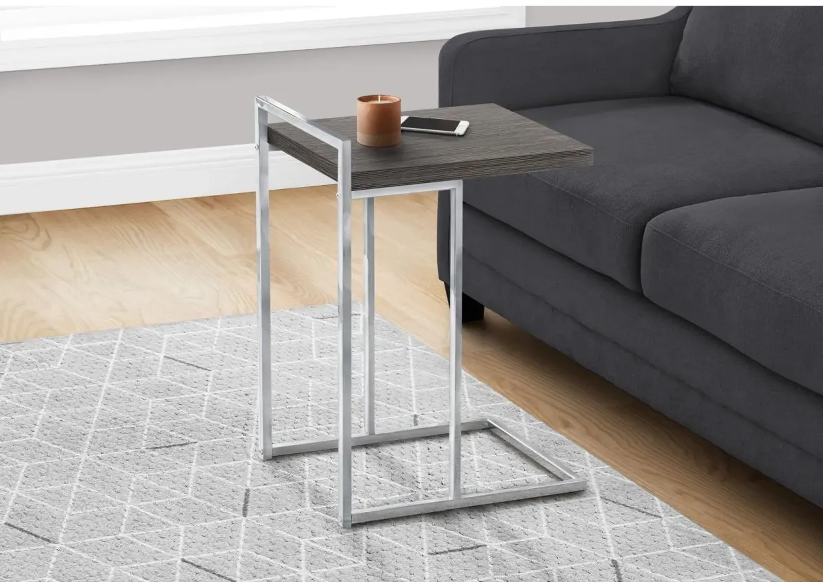 Accent Table, C-Shaped, End, Side, Snack, Living Room, Bedroom, Metal, Laminate, Grey, Chrome, Contemporary, Modern