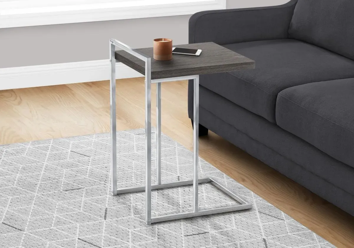 Accent Table, C-Shaped, End, Side, Snack, Living Room, Bedroom, Metal, Laminate, Grey, Chrome, Contemporary, Modern