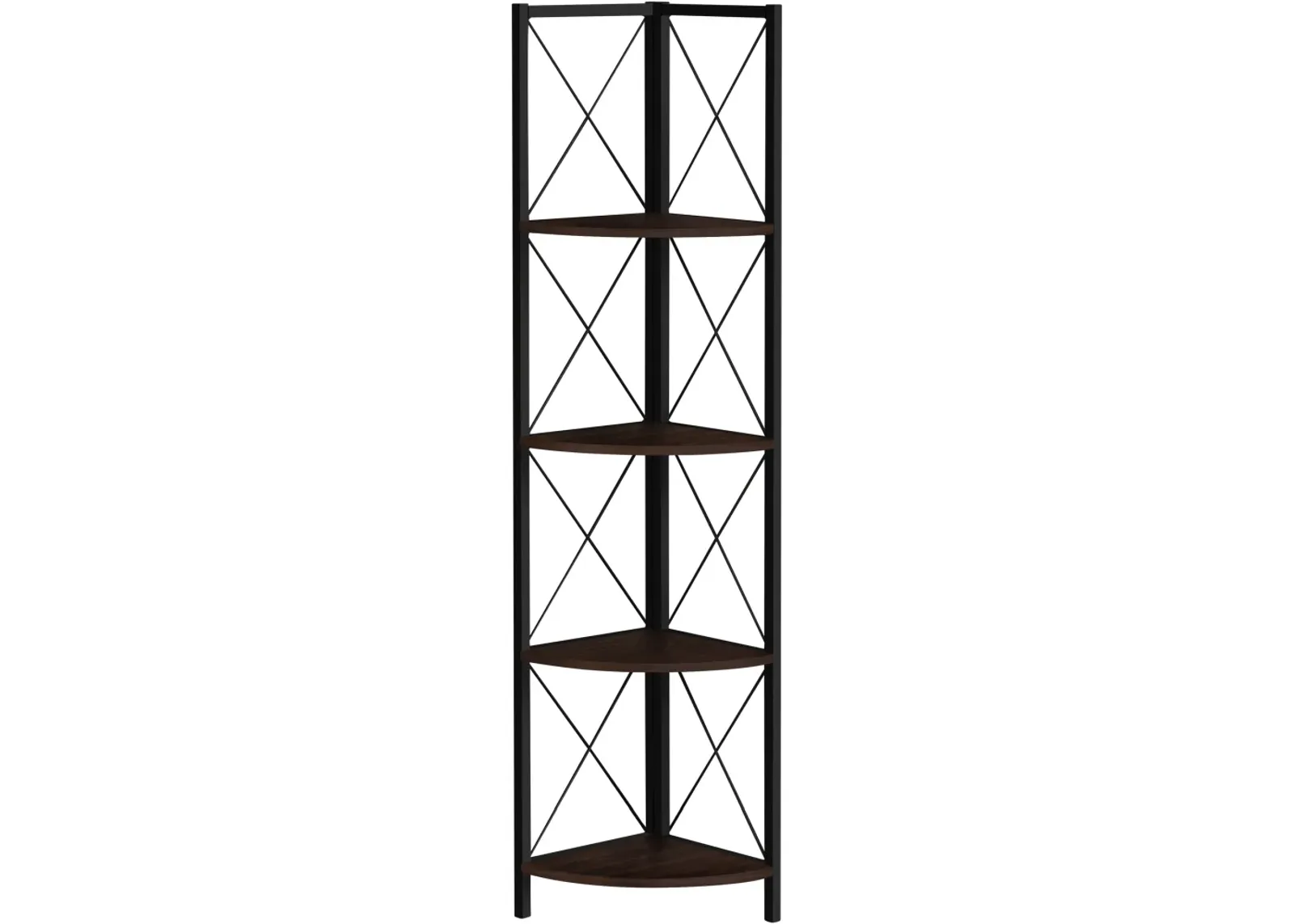 Bookshelf, Bookcase, Etagere, Corner, 4 Tier, 60"H, Office, Bedroom, Metal, Laminate, Brown, Black, Contemporary, Modern