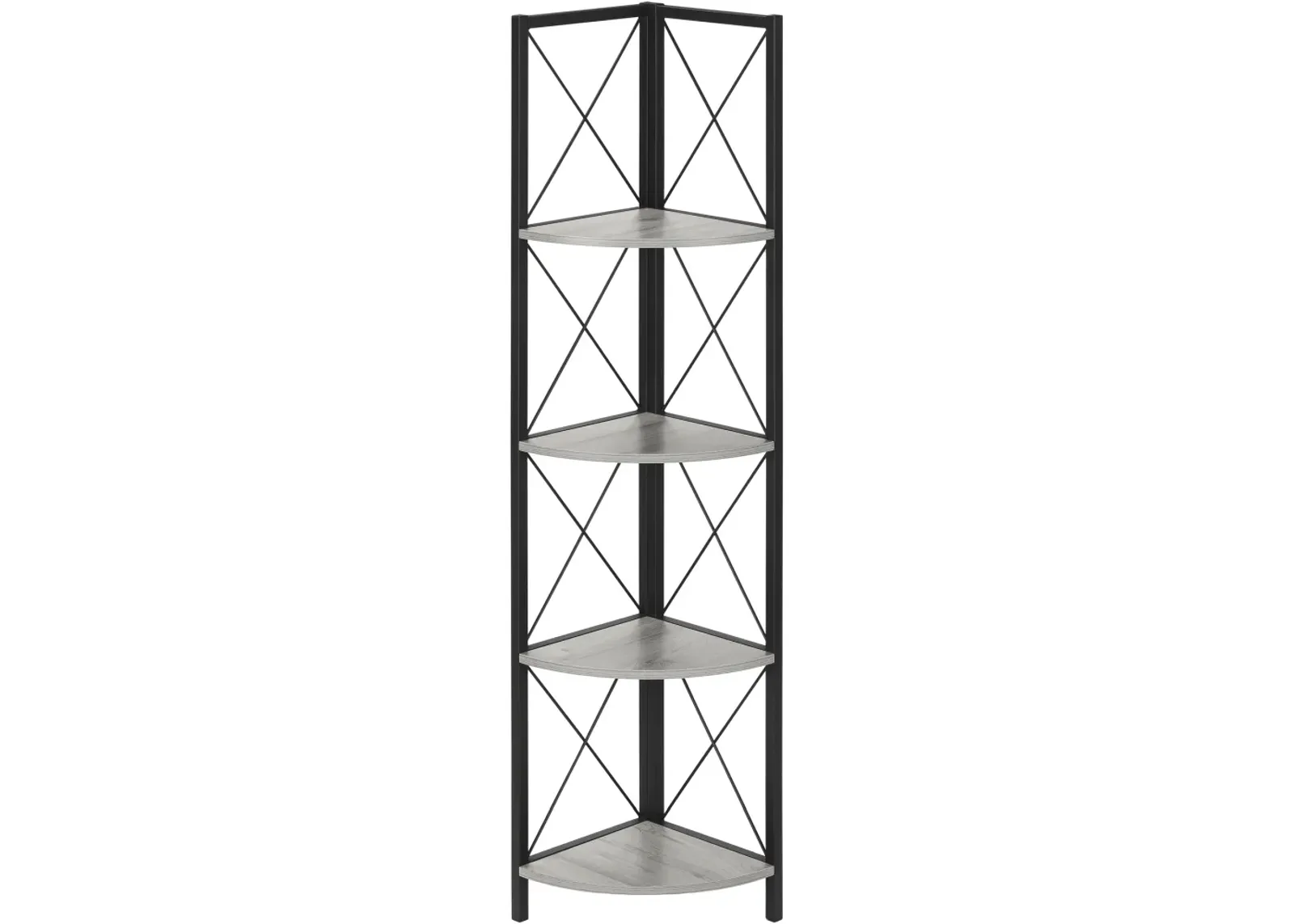 Bookshelf, Bookcase, Etagere, Corner, 4 Tier, 60"H, Office, Bedroom, Metal, Laminate, Grey, Black, Contemporary, Modern