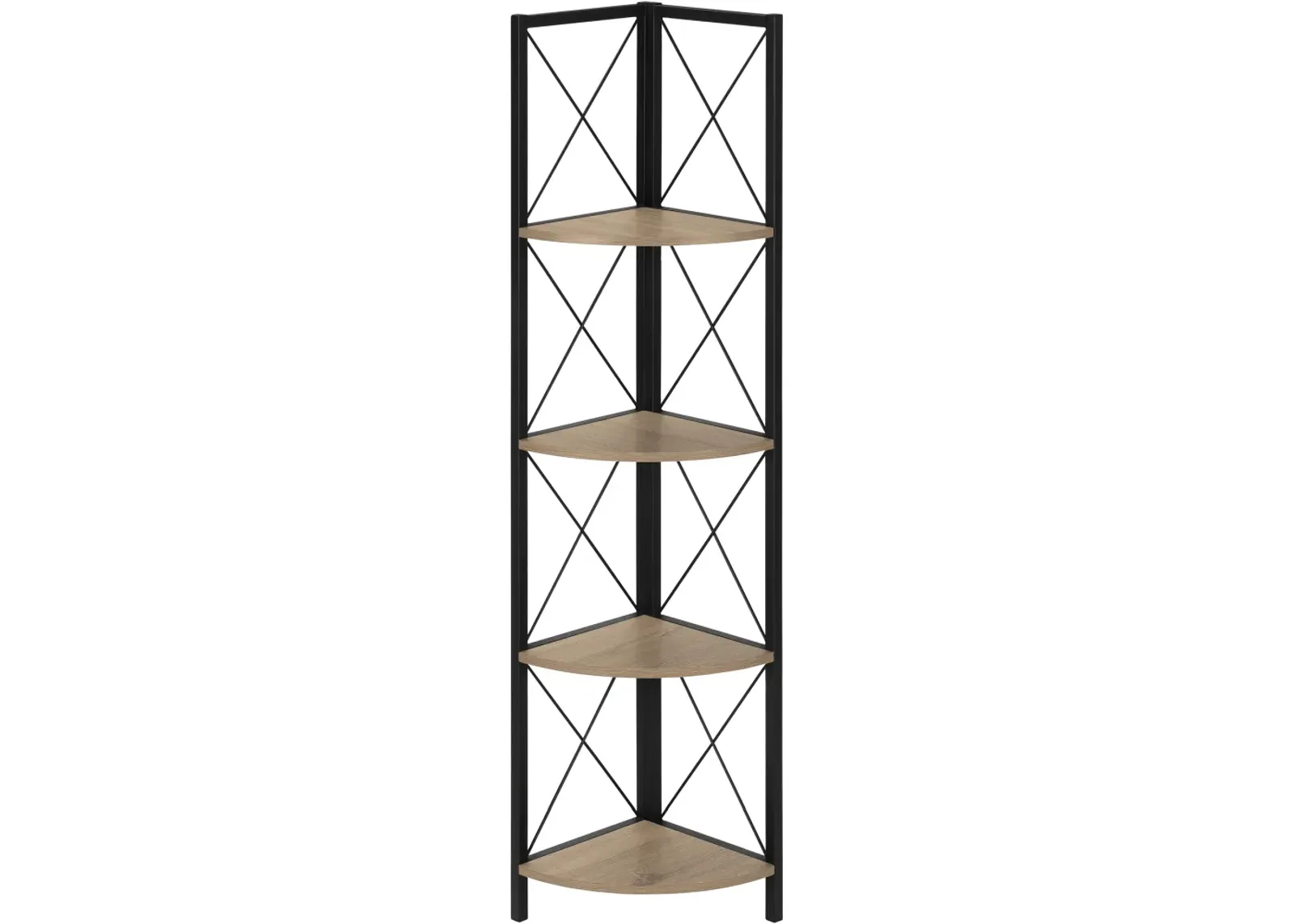 Bookshelf, Bookcase, Etagere, Corner, 4 Tier, 60"H, Office, Bedroom, Metal, Laminate, Brown, Black, Contemporary, Modern