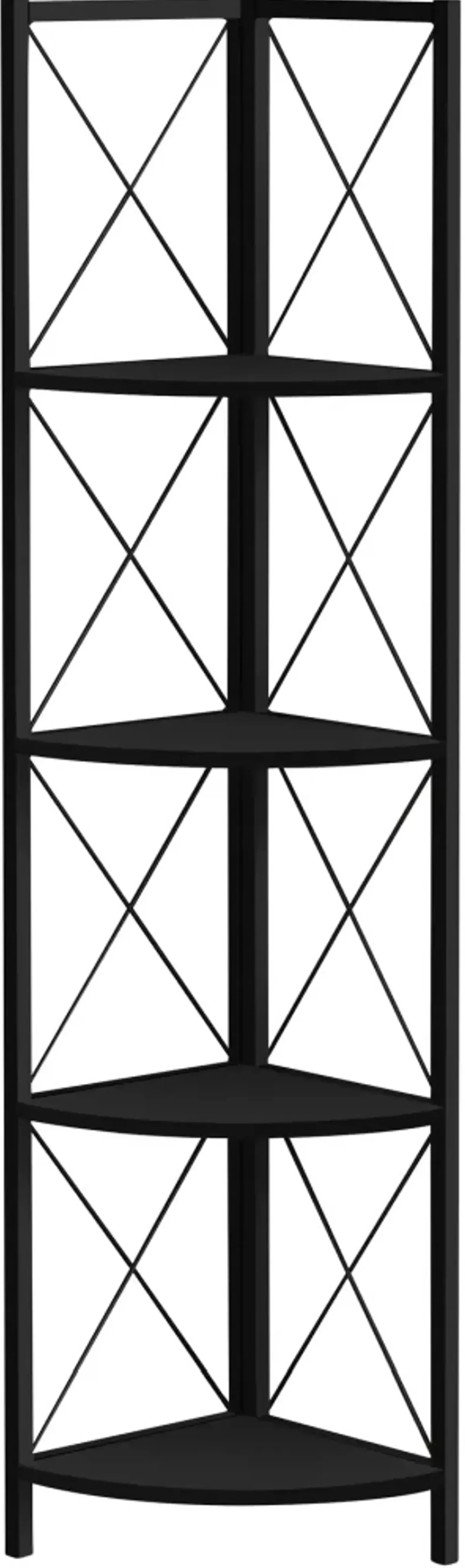 Bookshelf, Bookcase, Etagere, Corner, 4 Tier, 60"H, Office, Bedroom, Metal, Laminate, Black, Contemporary, Modern