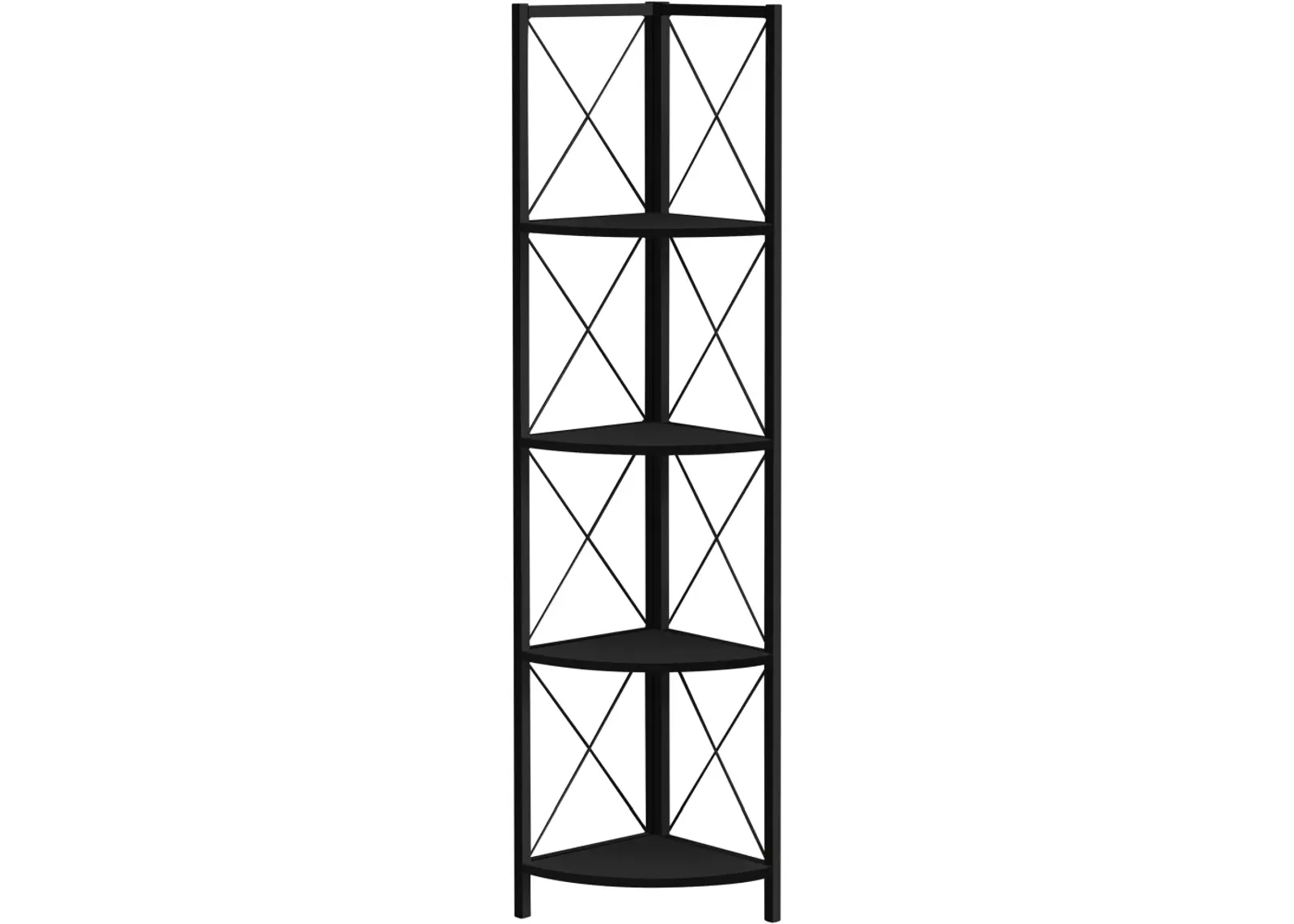 Bookshelf, Bookcase, Etagere, Corner, 4 Tier, 60"H, Office, Bedroom, Metal, Laminate, Black, Contemporary, Modern