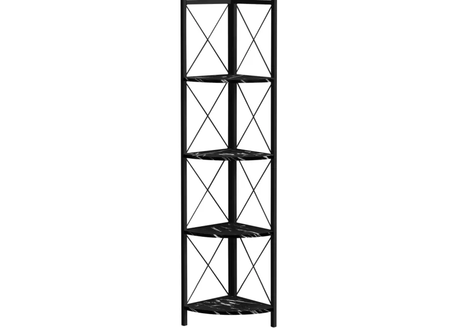 Bookshelf, Bookcase, Etagere, Corner, 4 Tier, 60"H, Office, Bedroom, Metal, Laminate, Black Marble Look, Contemporary, Modern