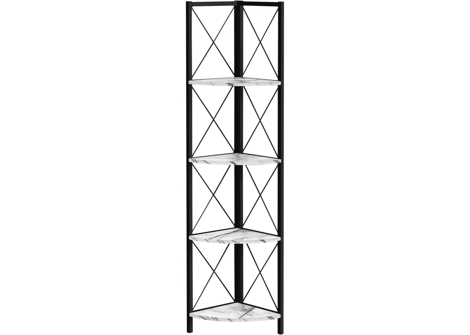 Bookshelf, Bookcase, Etagere, Corner, 4 Tier, 60"H, Office, Bedroom, Metal, Laminate, White Marble Look, Black, Contemporary, Modern