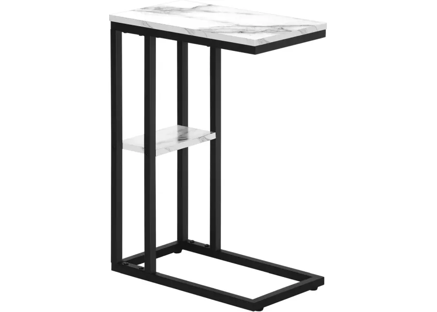 Accent Table, C-Shaped, End, Side, Snack, Living Room, Bedroom, Metal, Laminate, White Marble Look, Black, Contemporary, Modern