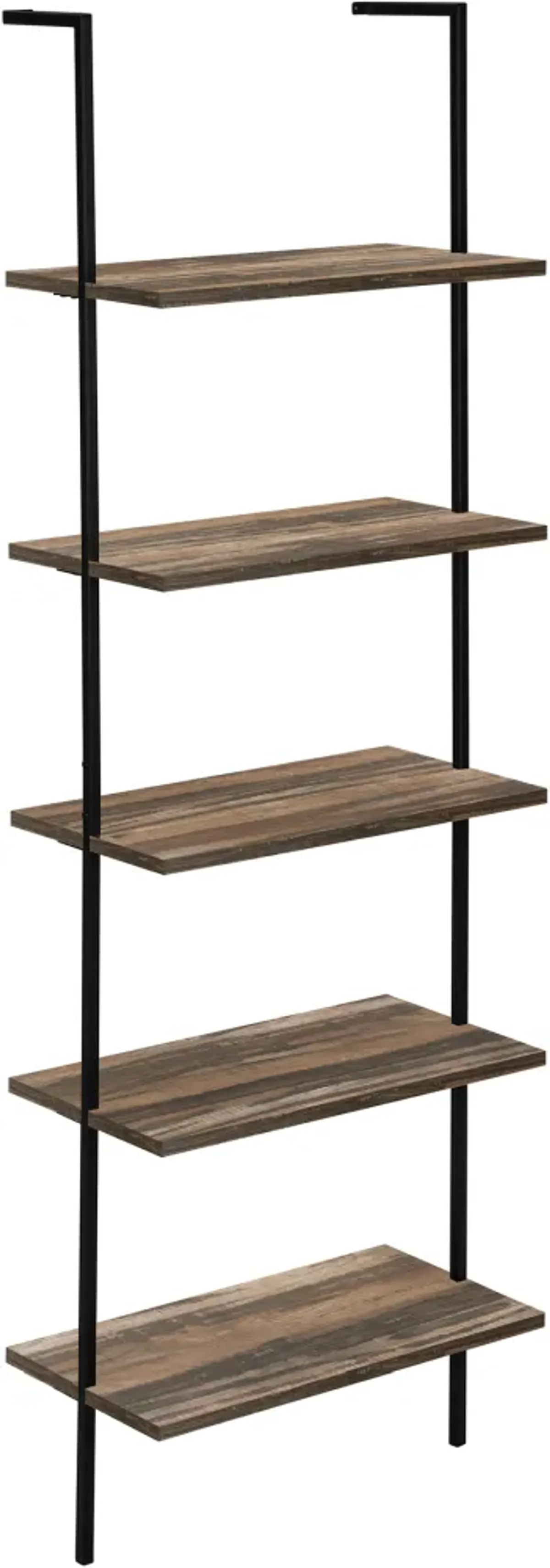 Bookshelf, Bookcase, Etagere, Ladder, 5 Tier, 72"H, Office, Bedroom, Metal, Laminate, Brown, Black, Contemporary, Modern